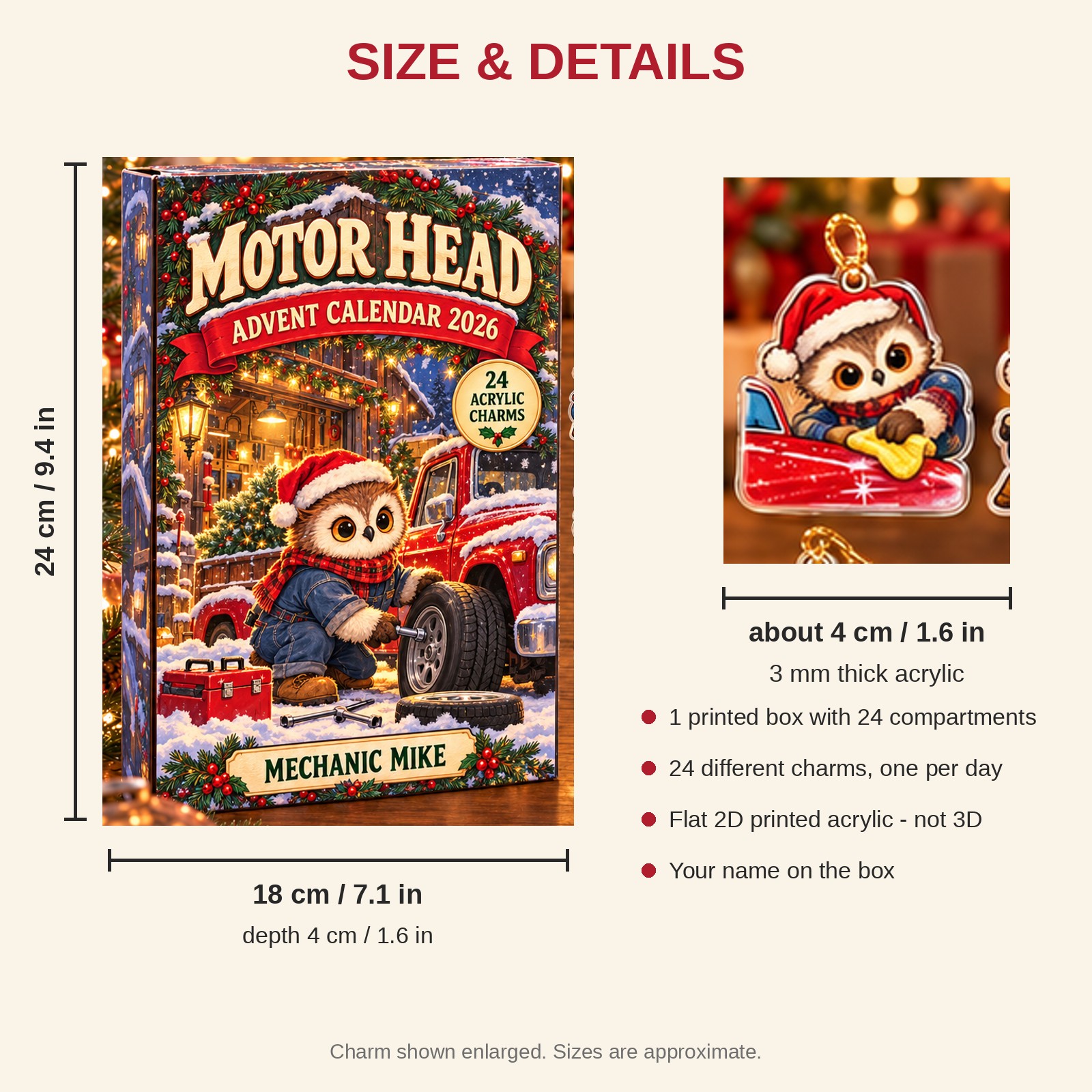 Personalized Car Guy Owl advent calendar box with 24 flat acrylic Christmas charms: box and charm sizes