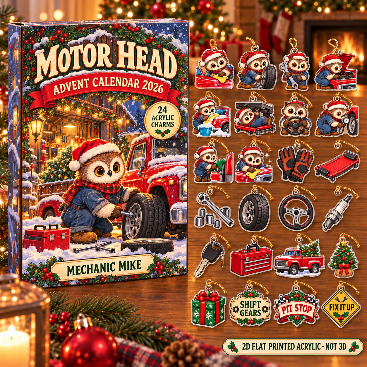 Personalized Car Guy Owl advent calendar box with 24 flat acrylic Christmas charms
