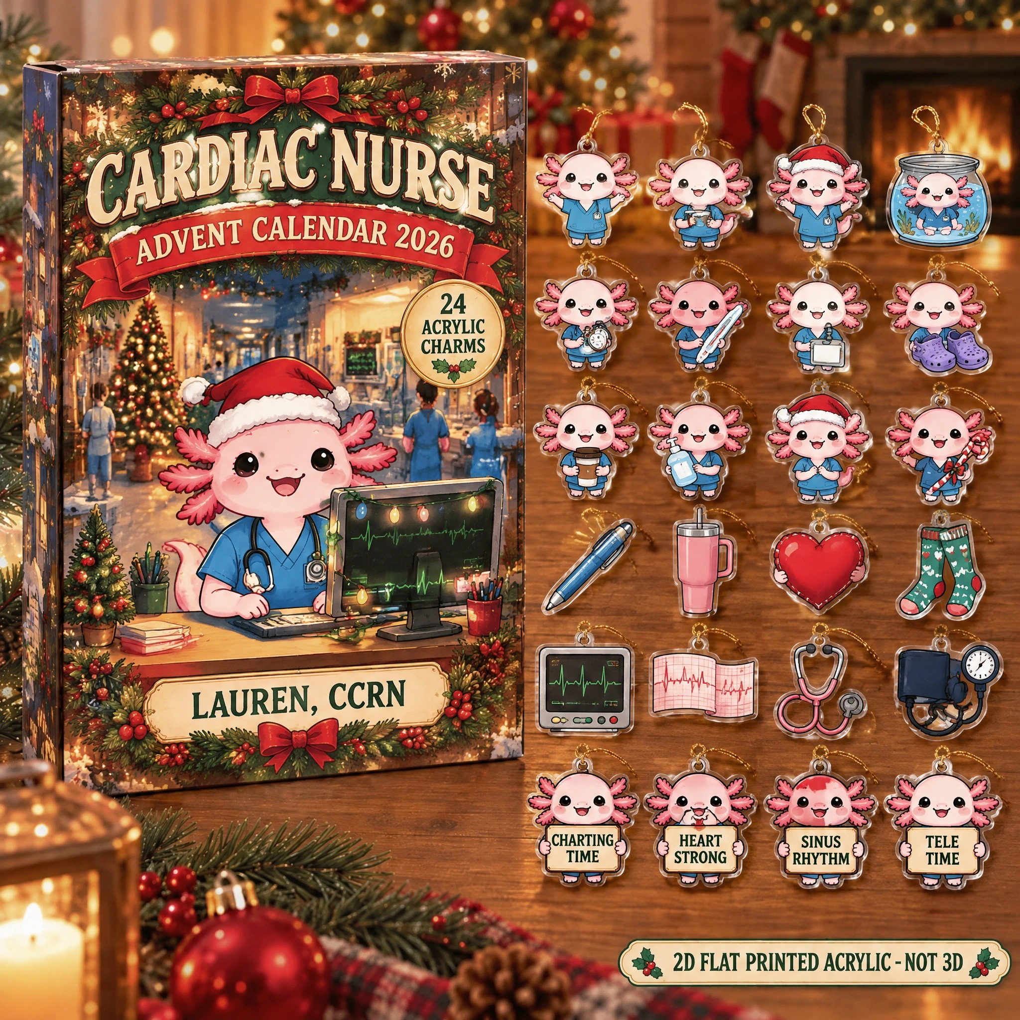 Personalized Cardiac Nurse Axolotl advent calendar box with 24 flat acrylic Christmas charms