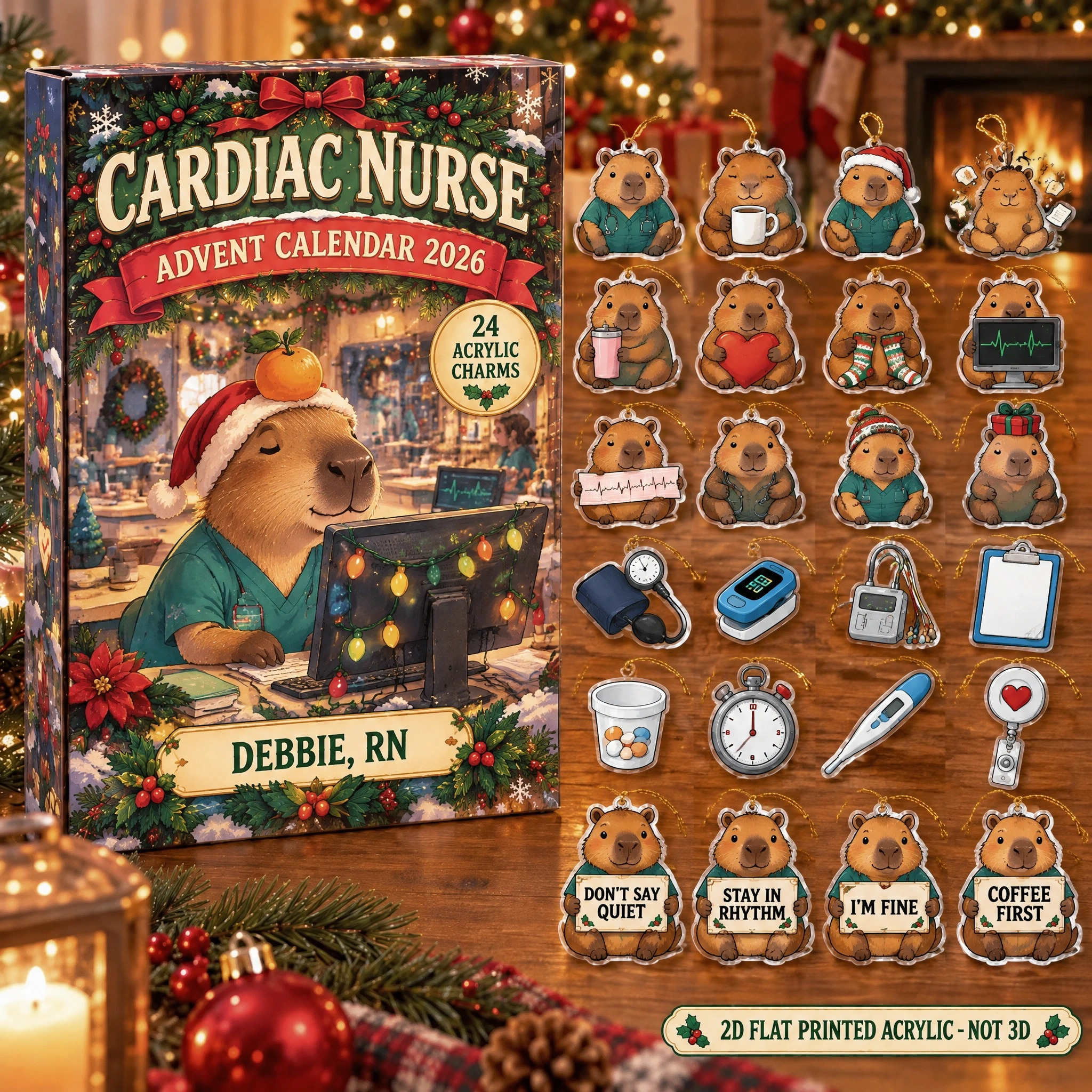 Personalized Cardiac Nurse Capybara advent calendar box with 24 flat acrylic Christmas charms
