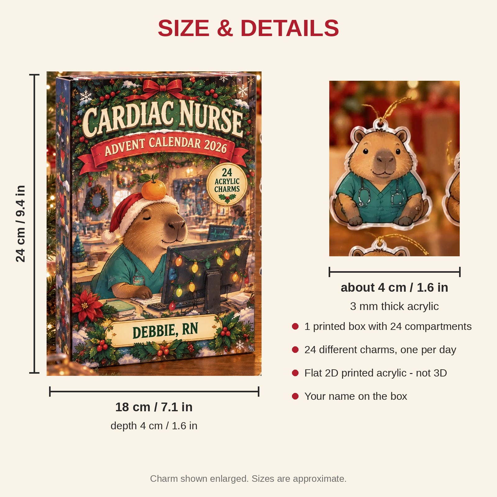 Personalized Cardiac Nurse Capybara advent calendar box with 24 flat acrylic Christmas charms: box and charm sizes