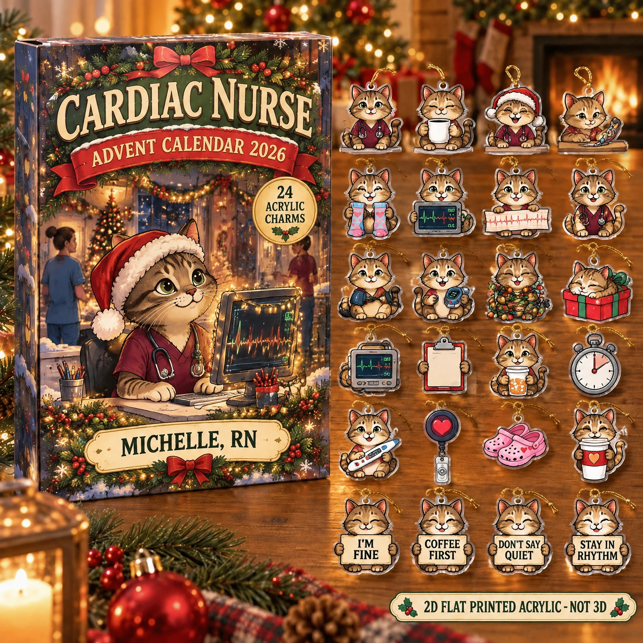 Personalized Cardiac Nurse Cat advent calendar box with 24 flat acrylic Christmas charms