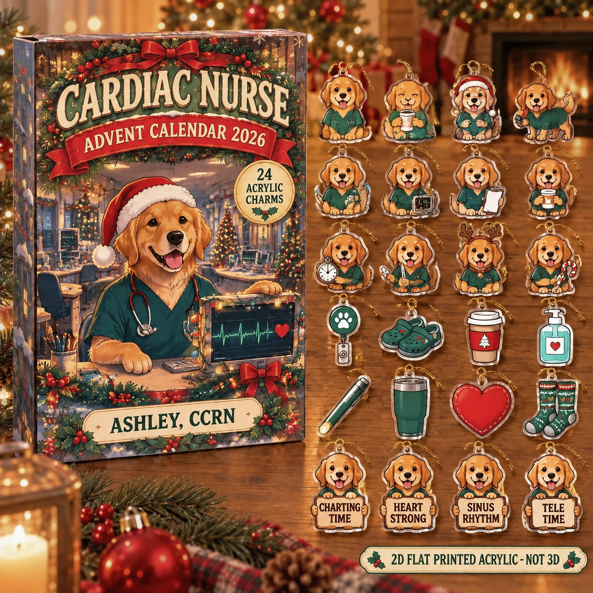 Personalized Cardiac Nurse Dog advent calendar box with 24 flat acrylic Christmas charms