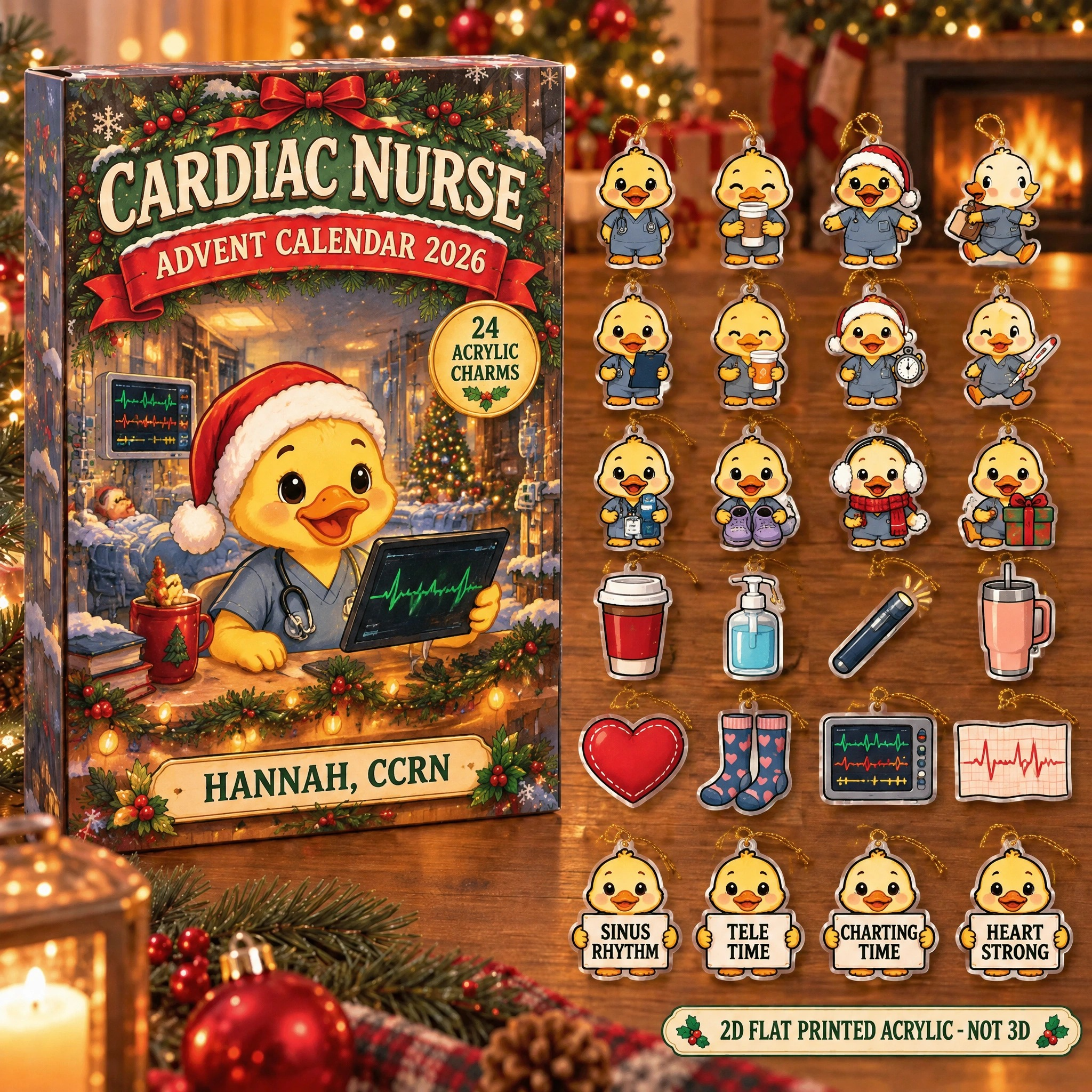 Personalized Cardiac Nurse Duck advent calendar box with 24 flat acrylic Christmas charms