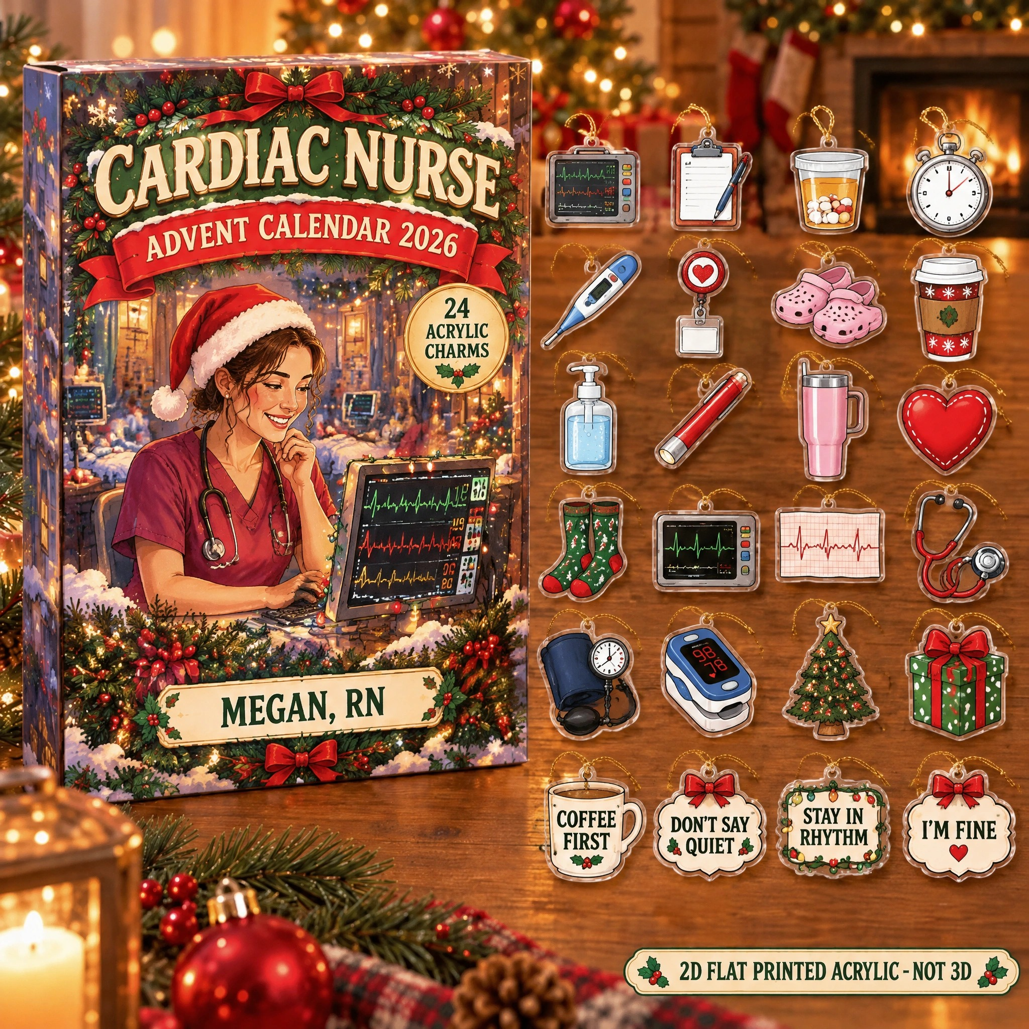 Personalized Cardiac Nurse Essentials advent calendar box with 24 flat acrylic Christmas charms