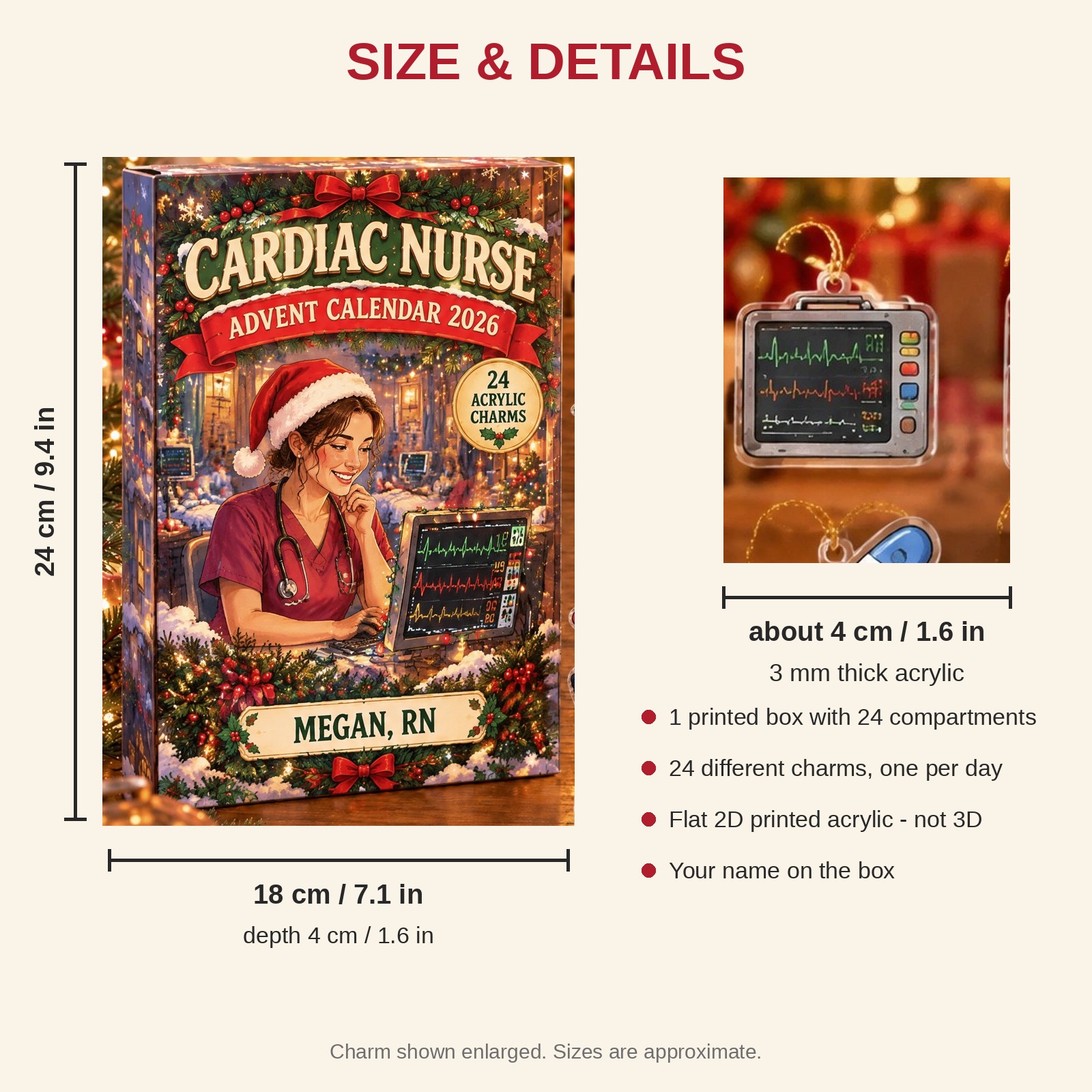 Personalized Cardiac Nurse Essentials advent calendar box with 24 flat acrylic Christmas charms: box and charm sizes