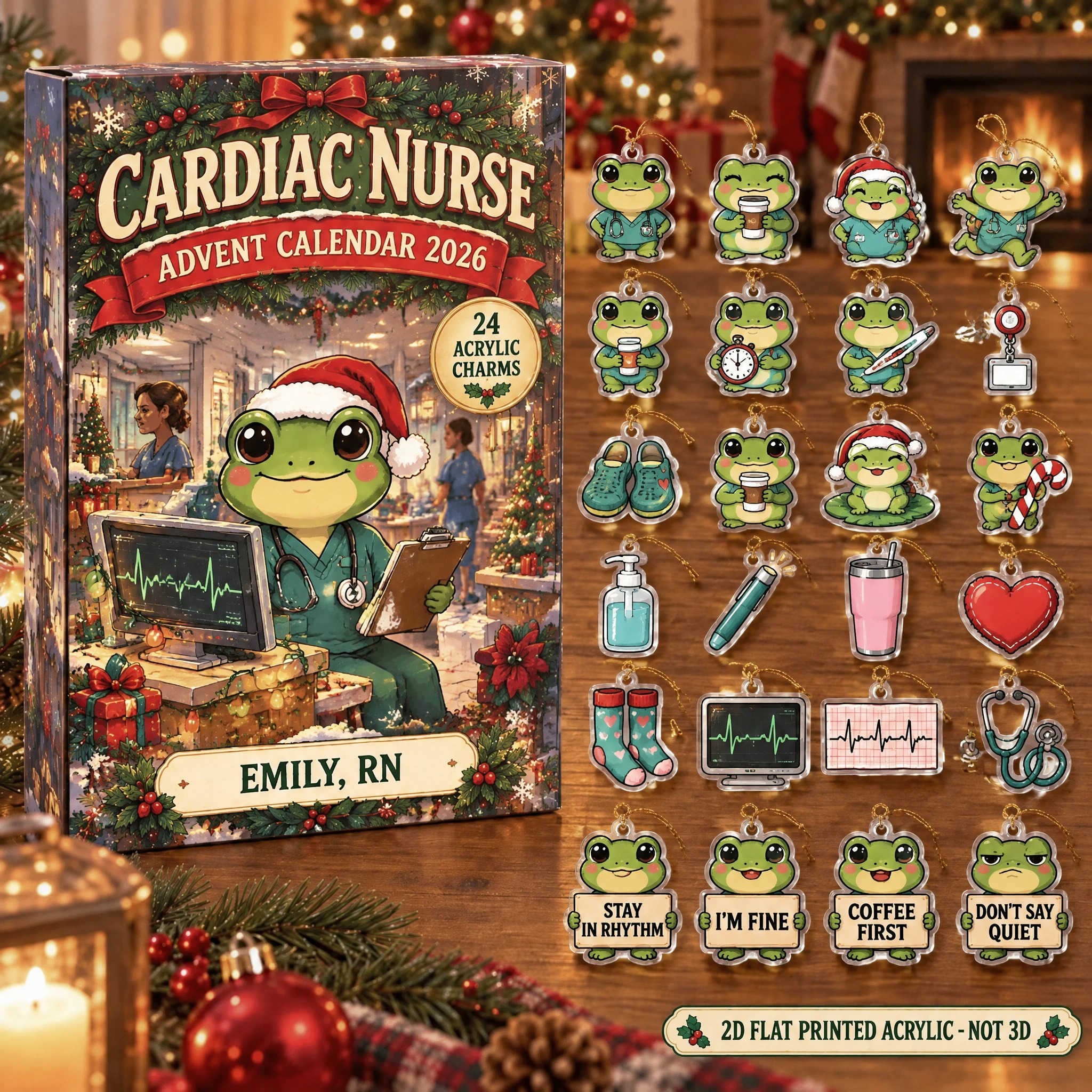 Personalized Cardiac Nurse Frog advent calendar box with 24 flat acrylic Christmas charms
