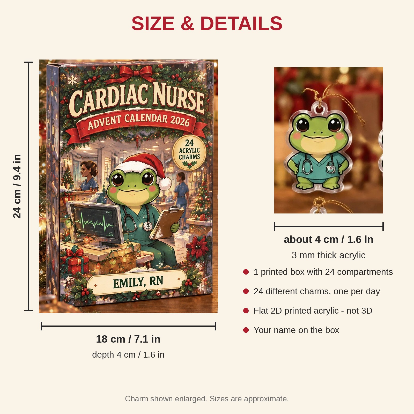 Personalized Cardiac Nurse Frog advent calendar box with 24 flat acrylic Christmas charms: box and charm sizes