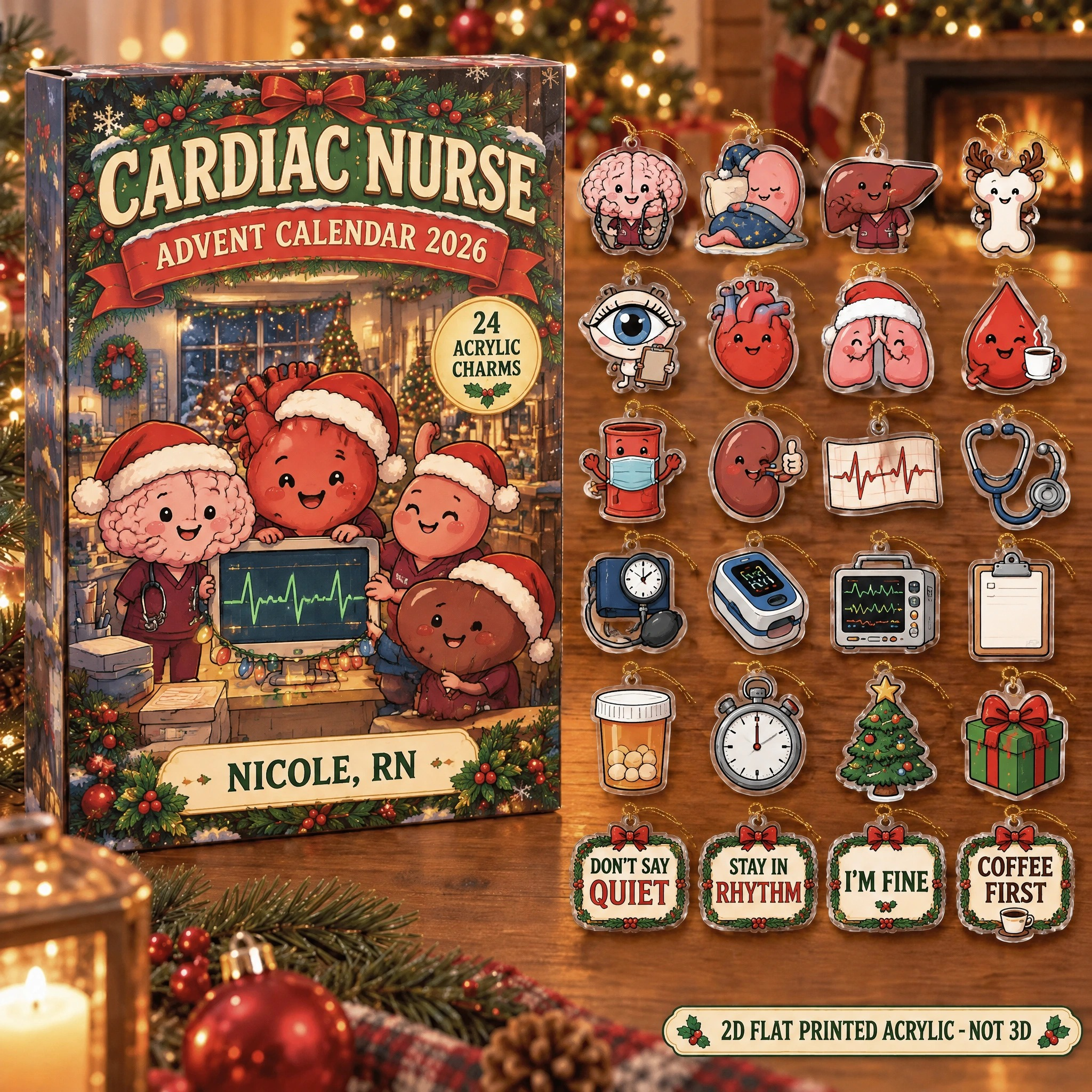Personalized Cardiac Nurse Funny Anatomy advent calendar box with 24 flat acrylic Christmas charms