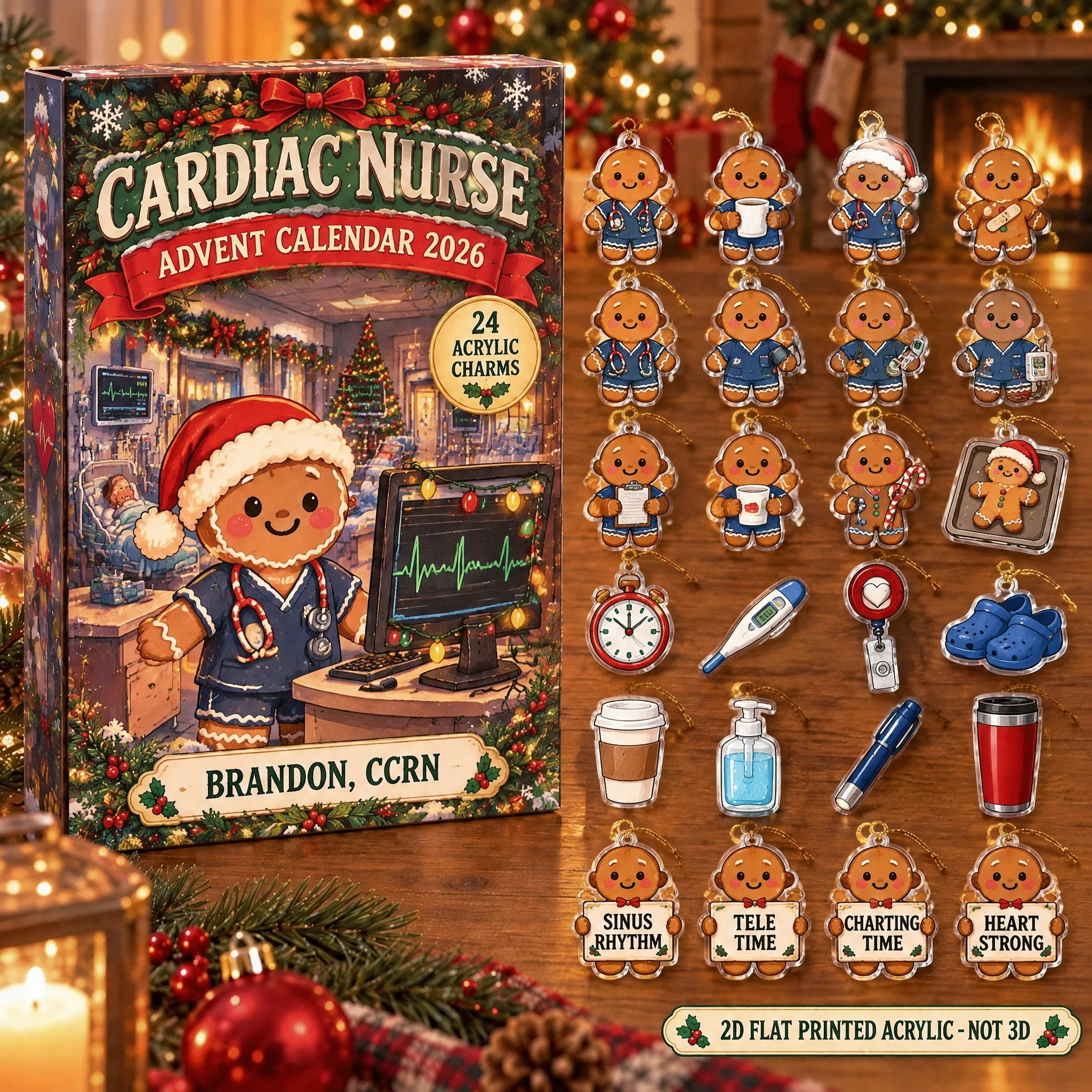 Personalized Cardiac Nurse Gingerbread advent calendar box with 24 flat acrylic Christmas charms