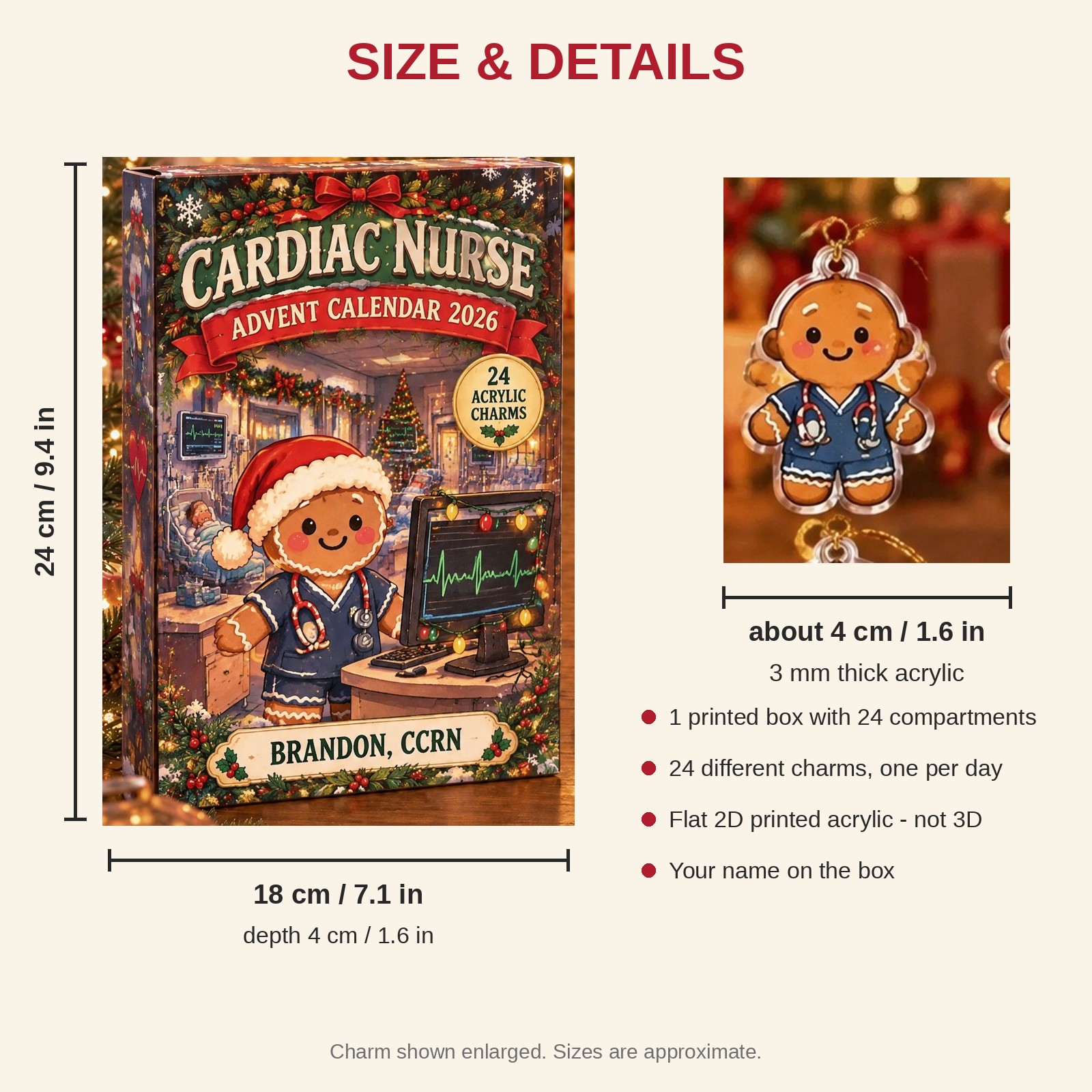 Personalized Cardiac Nurse Gingerbread advent calendar box with 24 flat acrylic Christmas charms: box and charm sizes