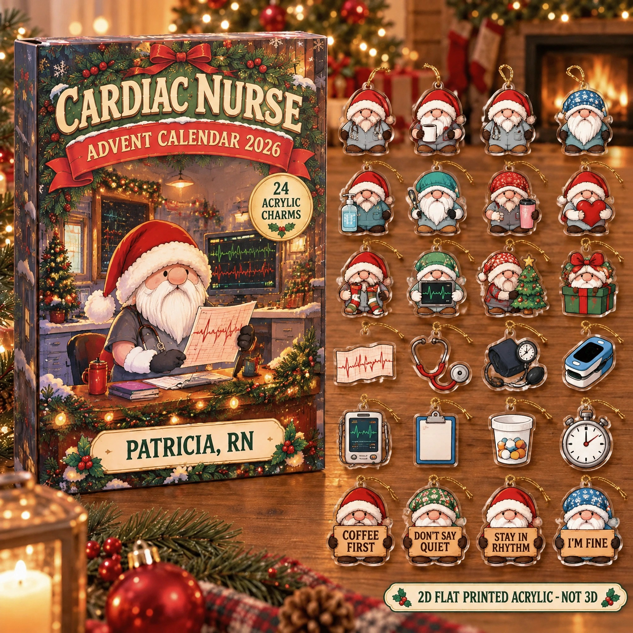 Personalized Cardiac Nurse Gnome advent calendar box with 24 flat acrylic Christmas charms