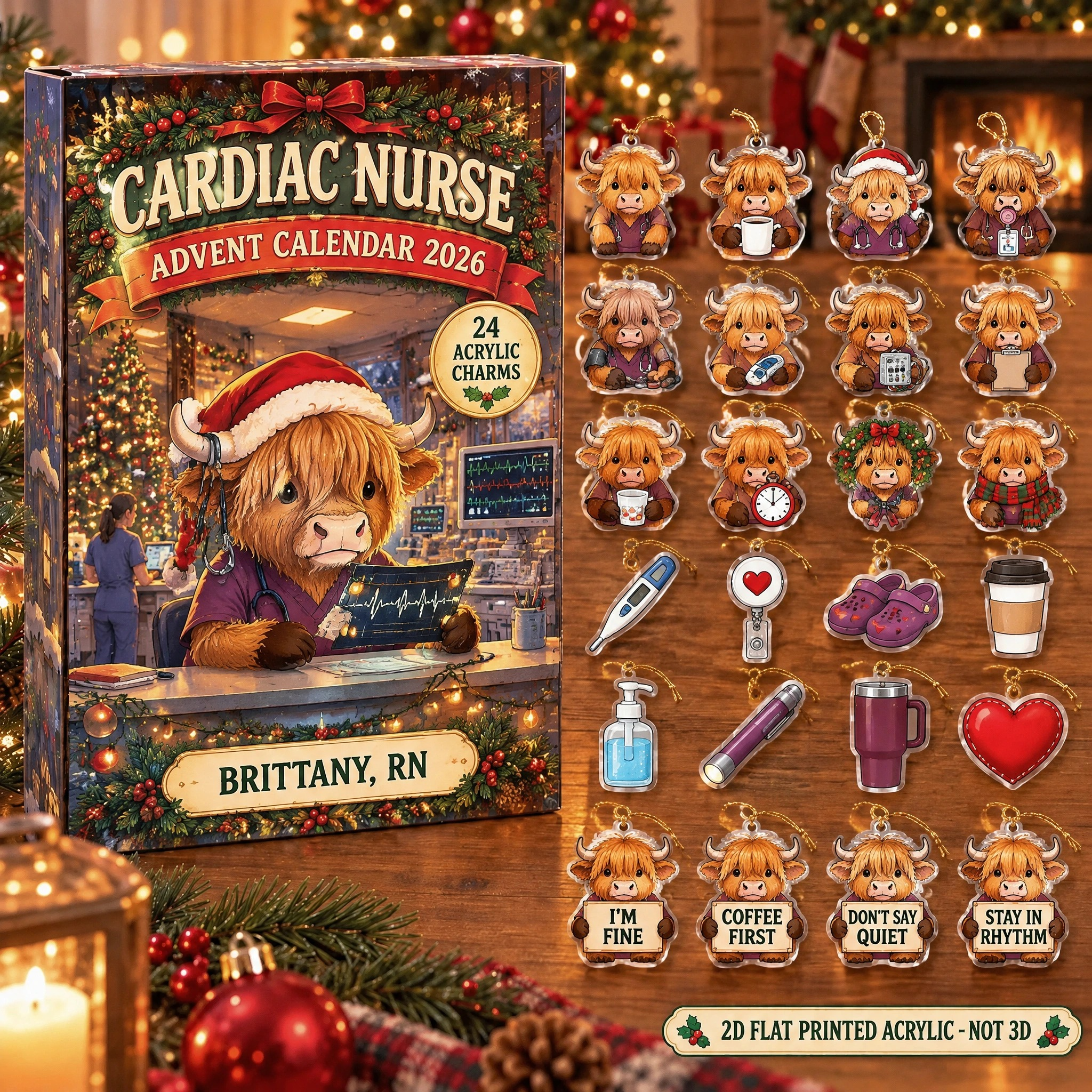 Personalized Cardiac Nurse Highland Cow advent calendar box with 24 flat acrylic Christmas charms