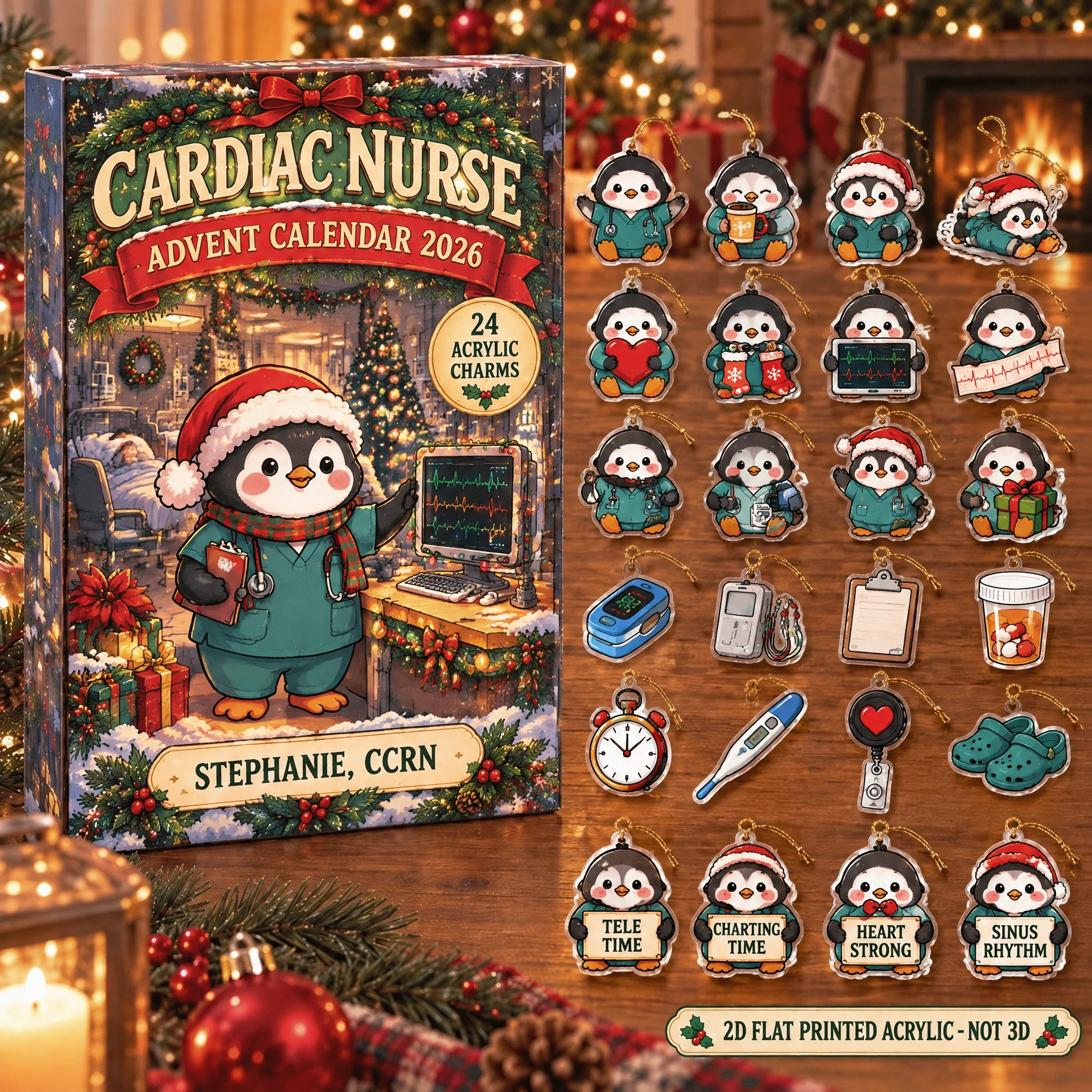Personalized Cardiac Nurse Penguin advent calendar box with 24 flat acrylic Christmas charms