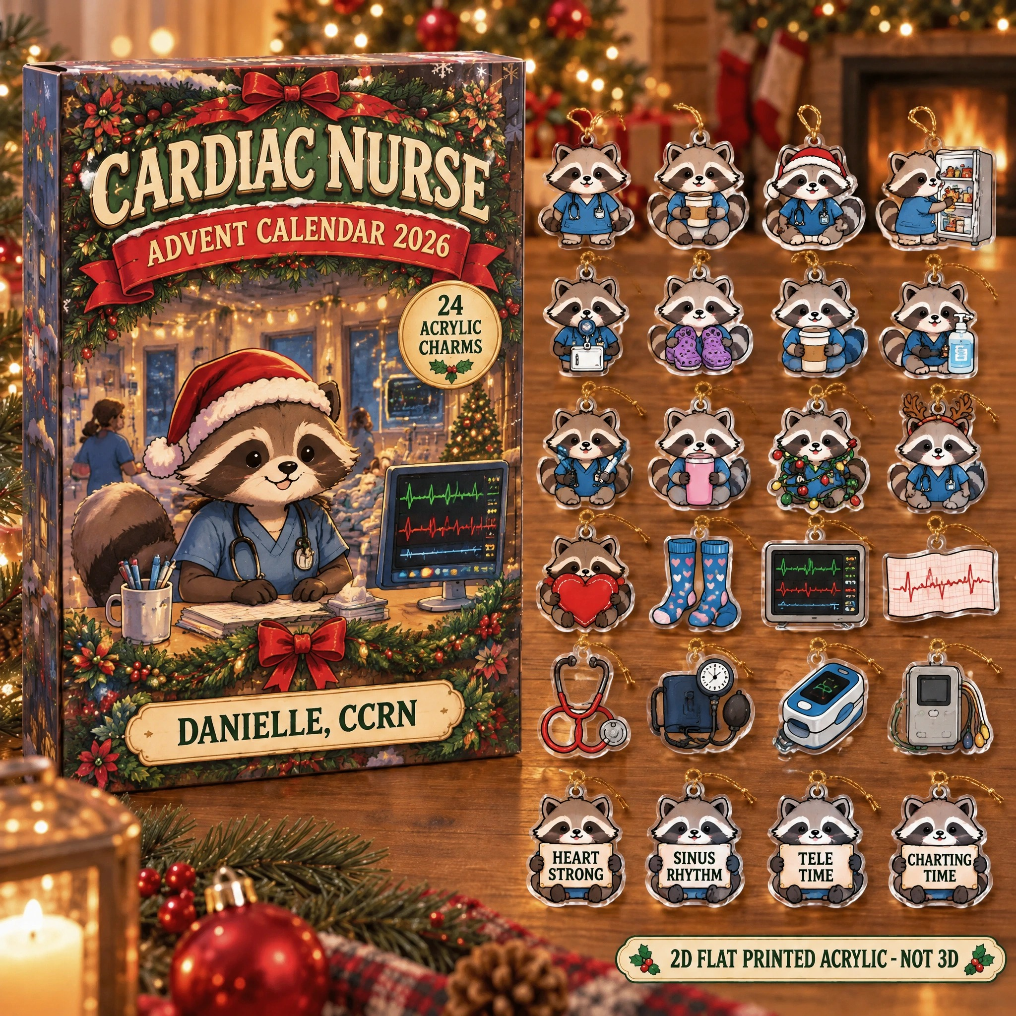Personalized Cardiac Nurse Raccoon advent calendar box with 24 flat acrylic Christmas charms