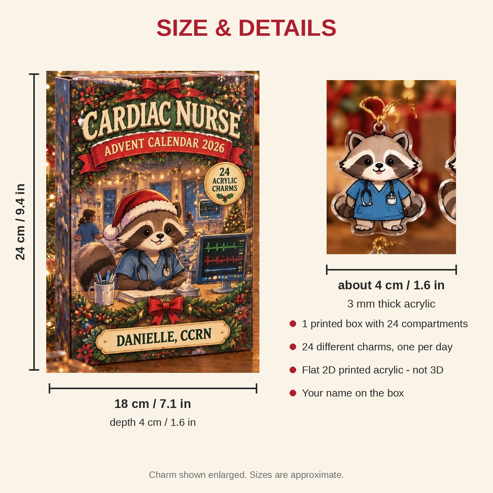 Personalized Cardiac Nurse Raccoon advent calendar box with 24 flat acrylic Christmas charms: box and charm sizes