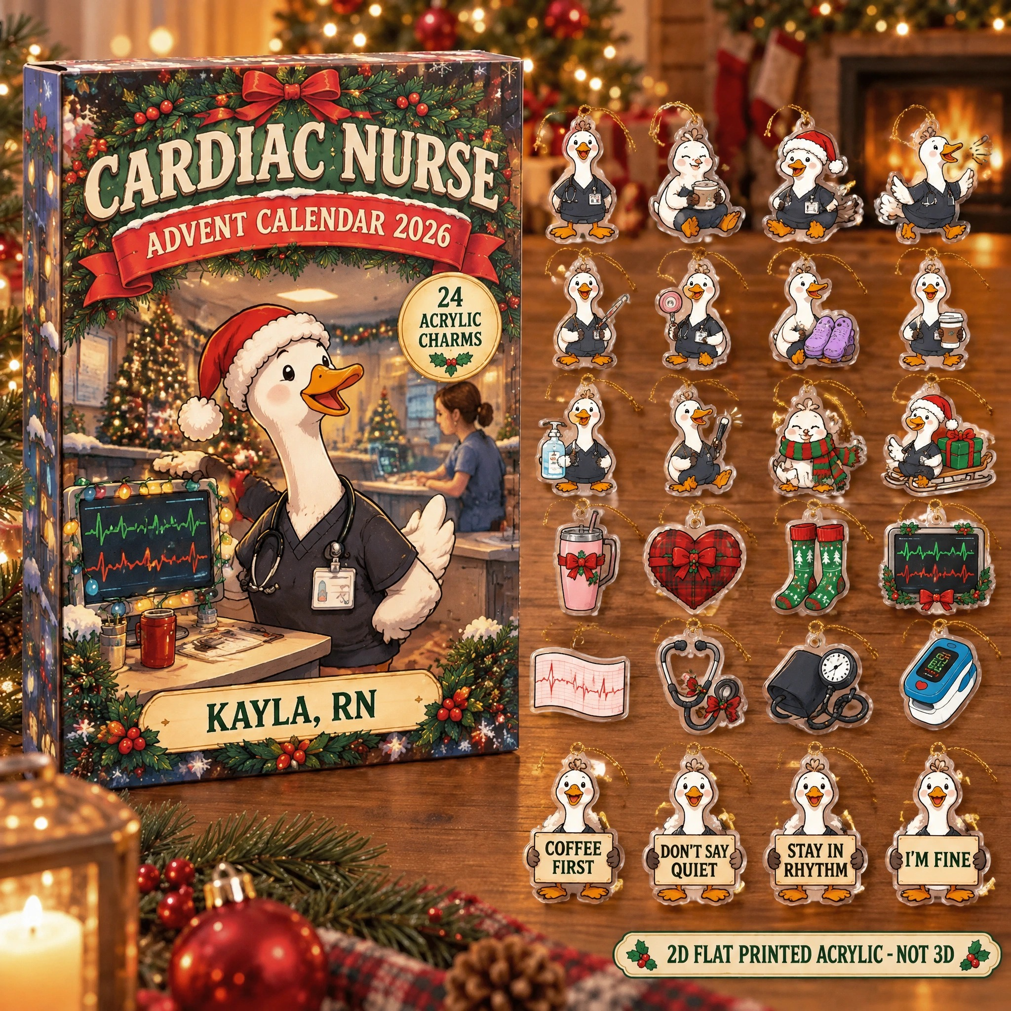 Personalized Cardiac Nurse Silly Goose advent calendar box with 24 flat acrylic Christmas charms