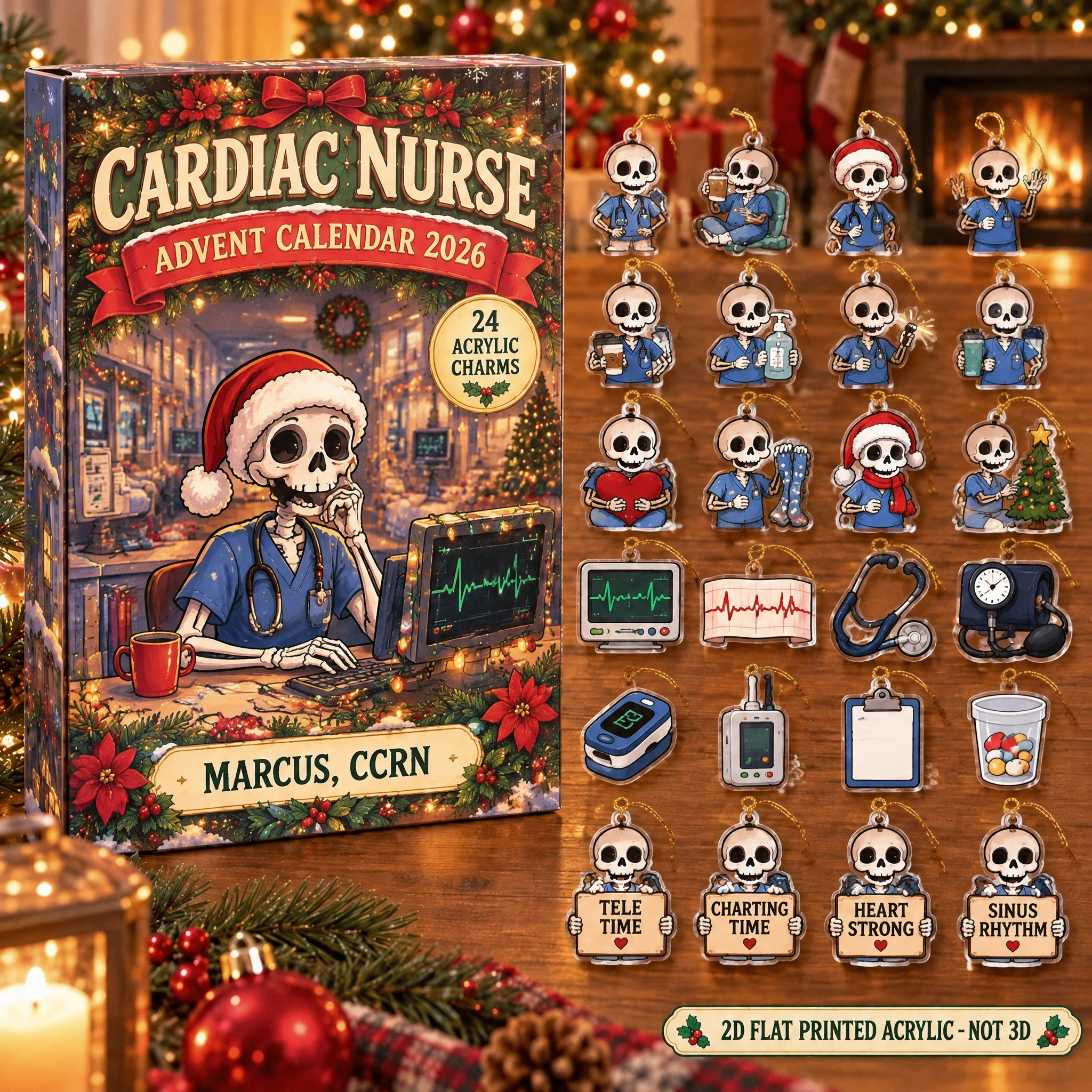 Personalized Cardiac Nurse Skeleton advent calendar box with 24 flat acrylic Christmas charms