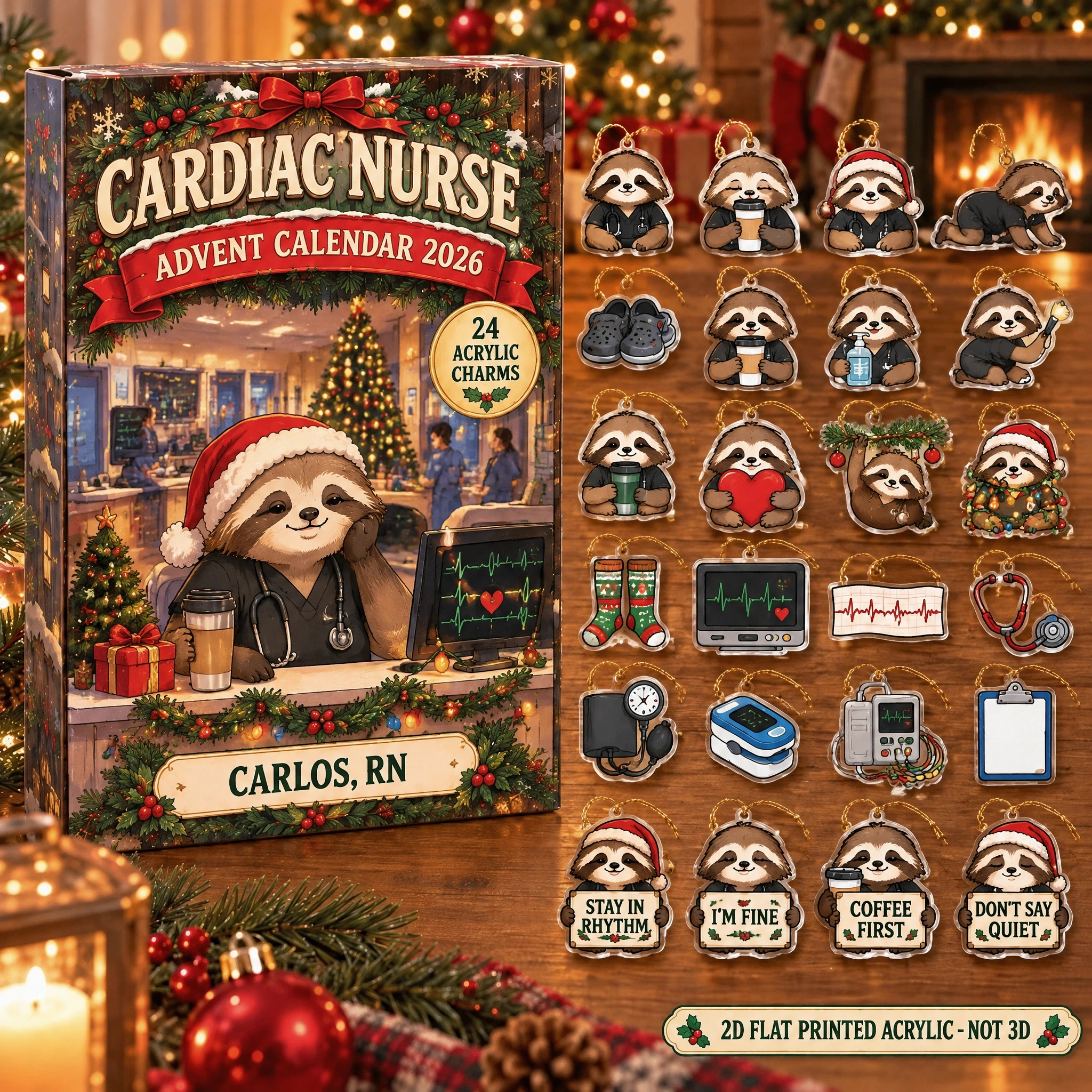 Personalized Cardiac Nurse Sloth advent calendar box with 24 flat acrylic Christmas charms