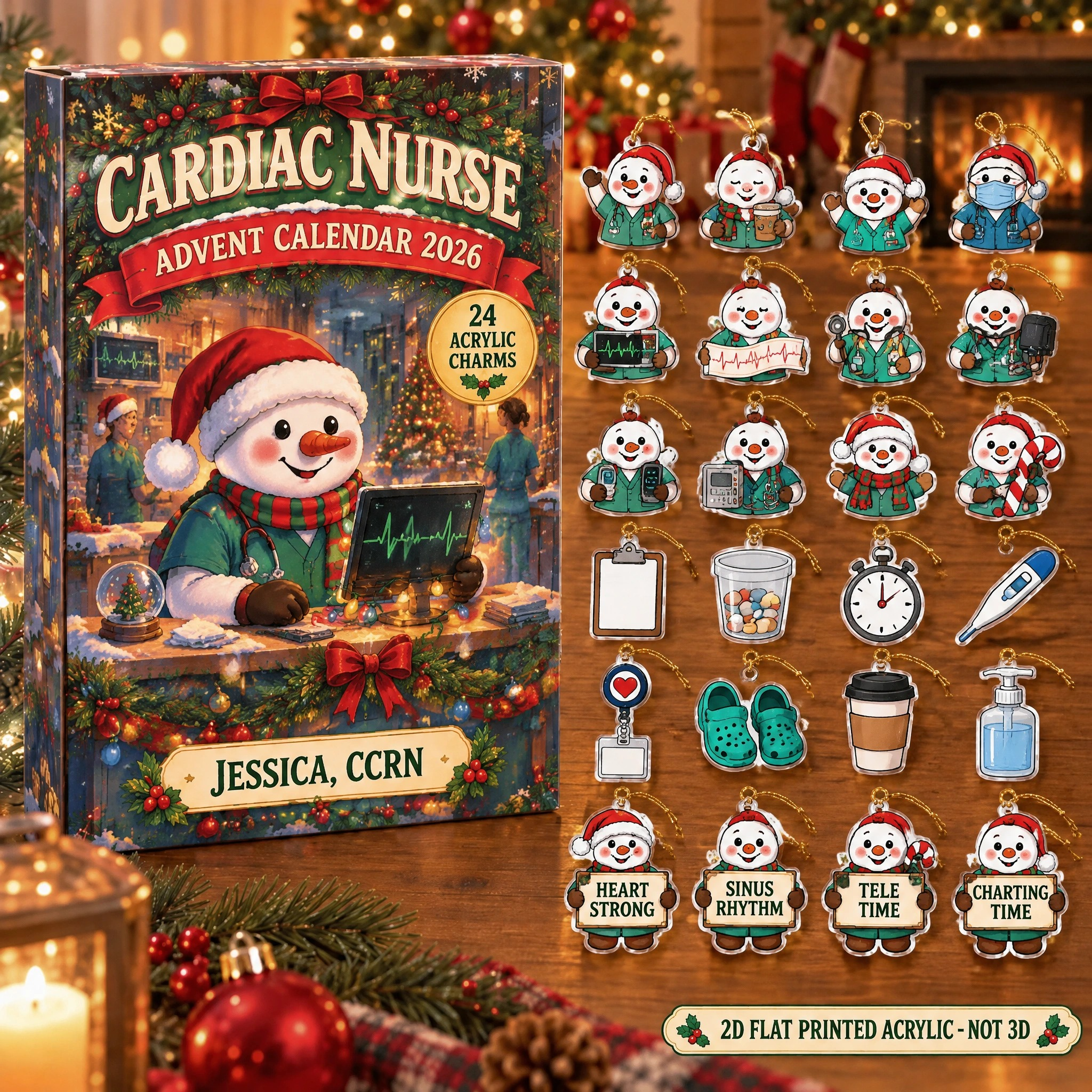 Personalized Cardiac Nurse Snowman advent calendar box with 24 flat acrylic Christmas charms