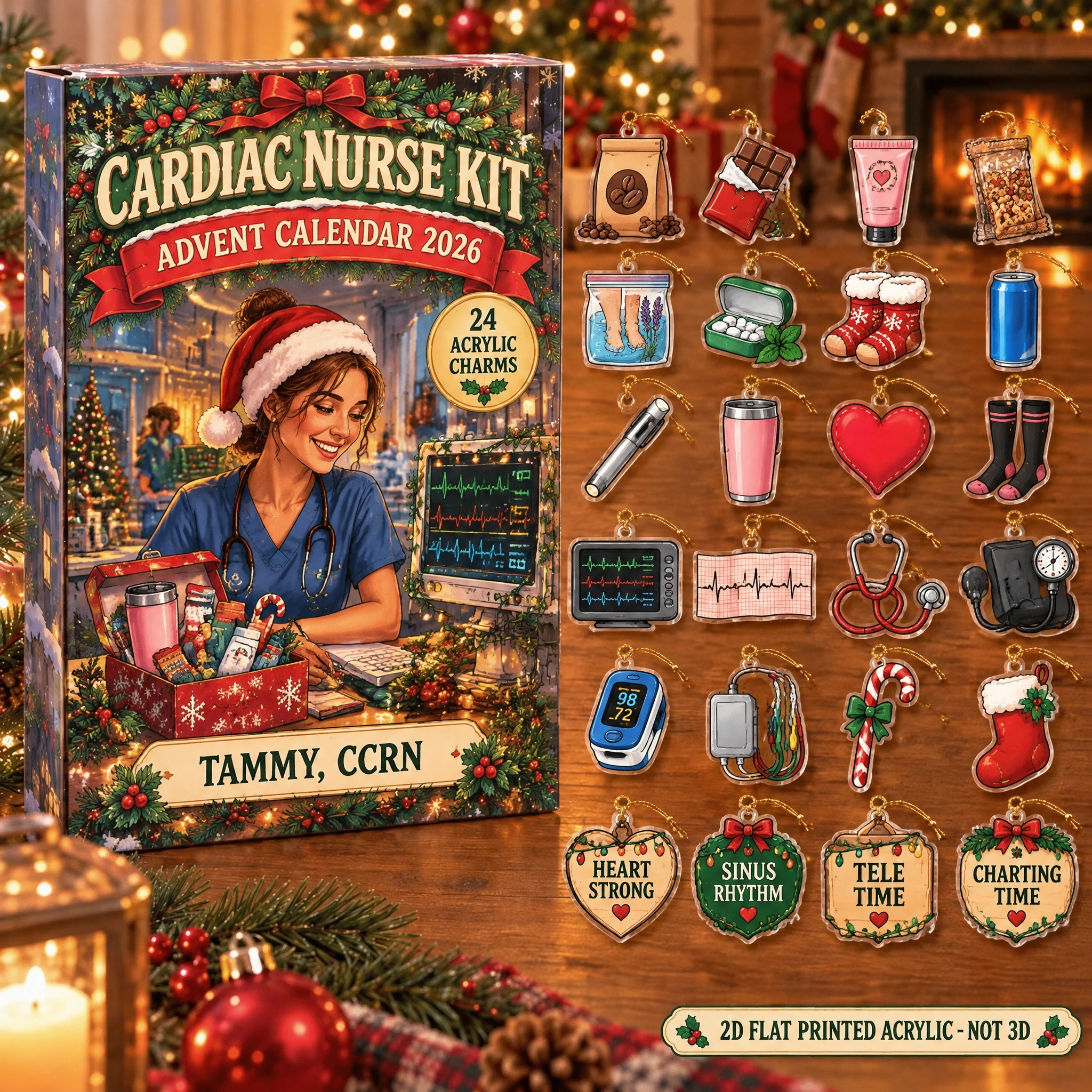 Personalized Cardiac Nurse Survival Kit advent calendar box with 24 flat acrylic Christmas charms