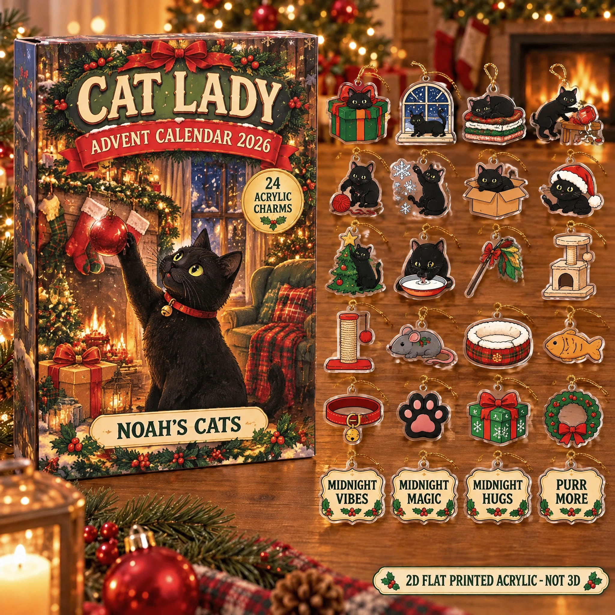 Personalized Black Cat Lover advent calendar box with 24 flat acrylic Christmas charms