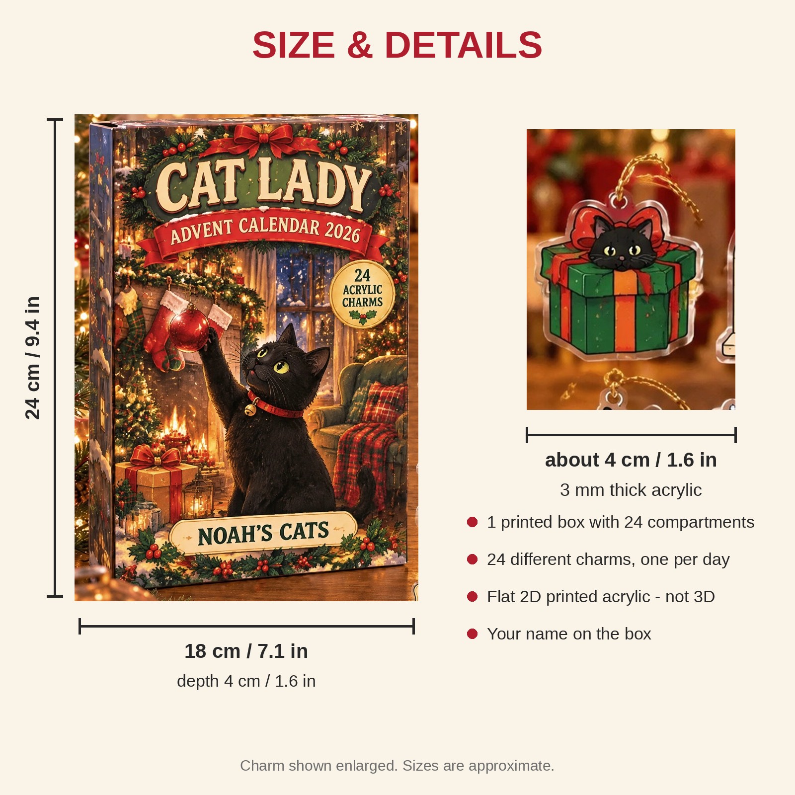 Personalized Black Cat Lover advent calendar box with 24 flat acrylic Christmas charms: box and charm sizes