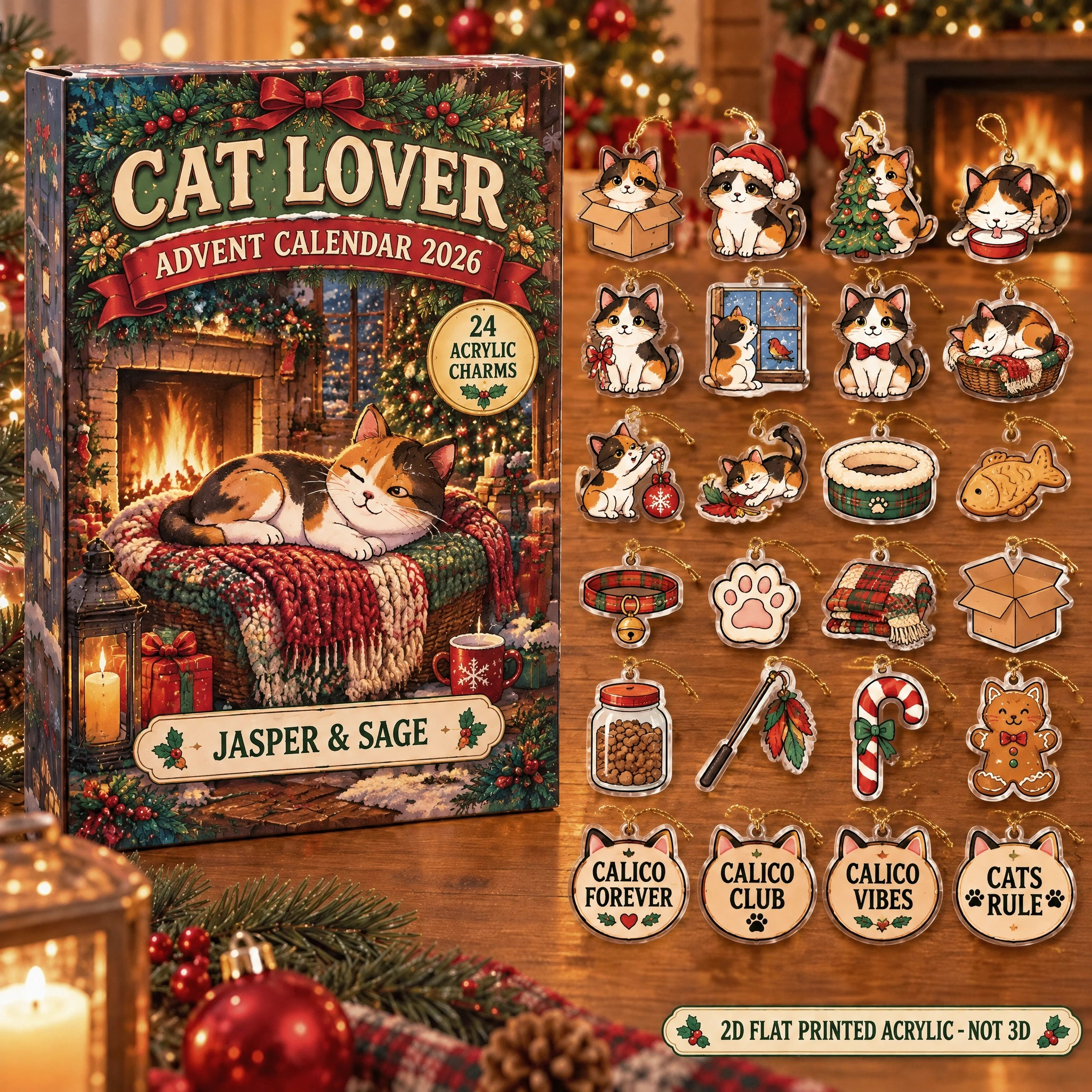 Personalized Calico Cat Lover advent calendar box with 24 flat acrylic Christmas charms