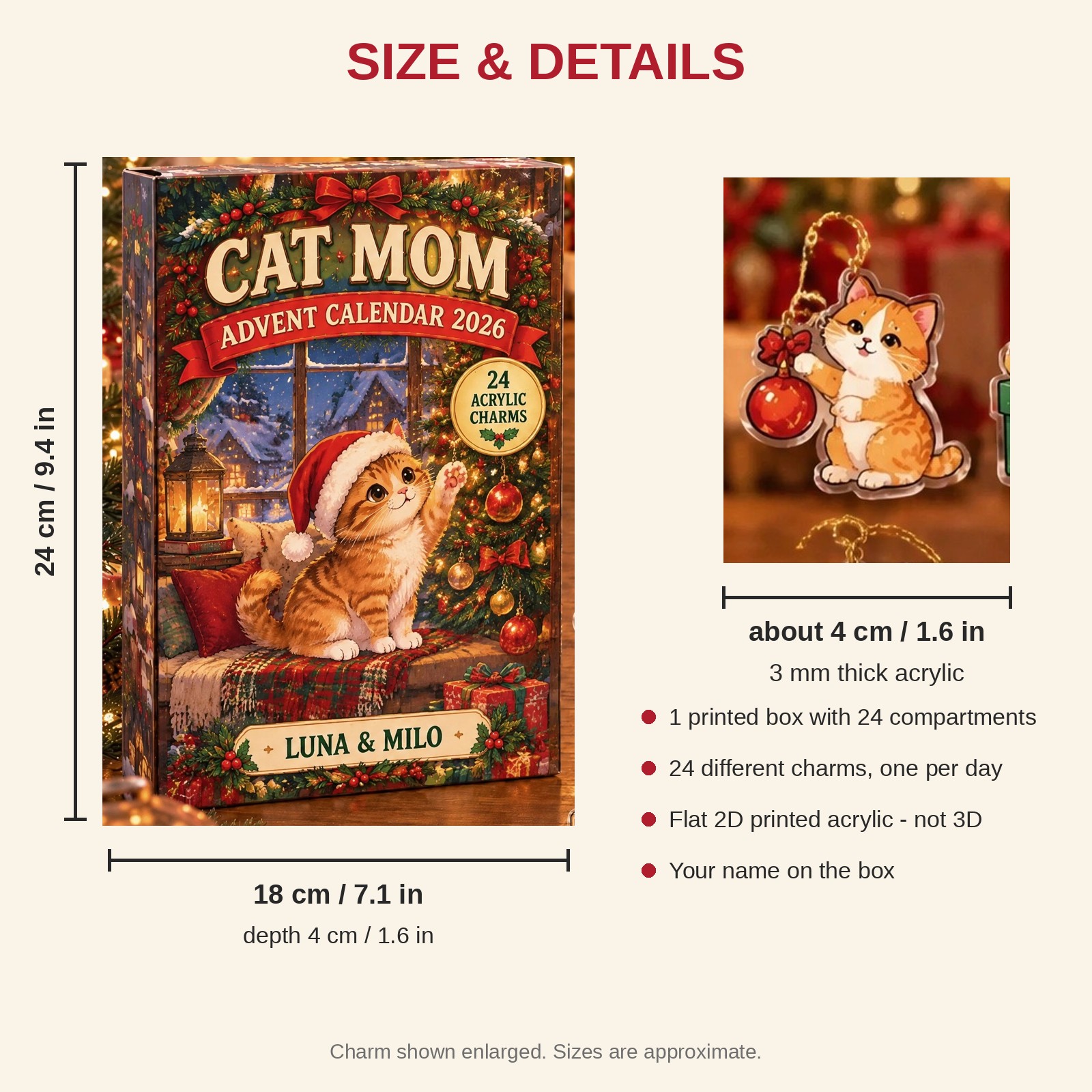Personalized Cat Mom advent calendar box with 24 flat acrylic Christmas charms: box and charm sizes