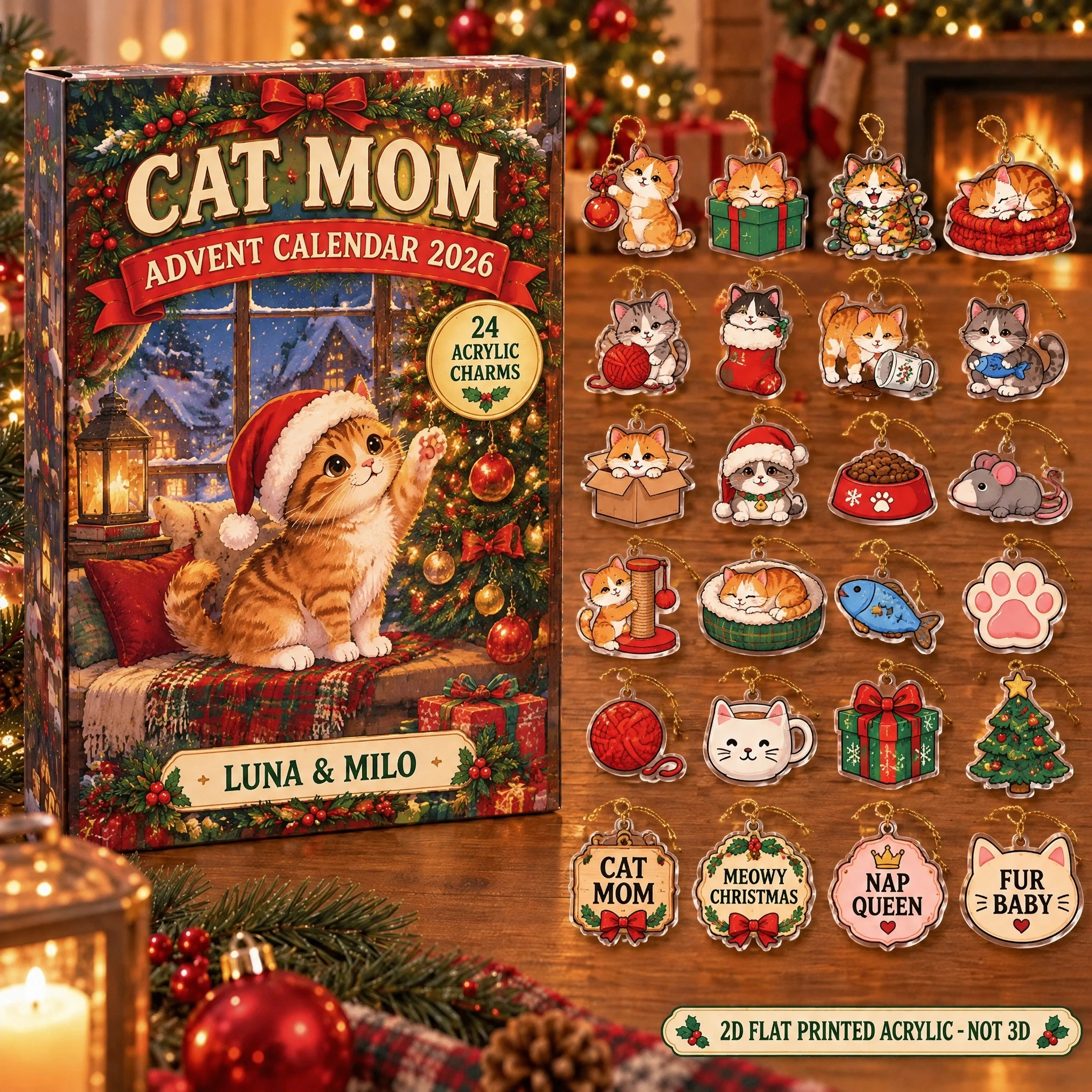 Personalized Cat Mom advent calendar box with 24 flat acrylic Christmas charms