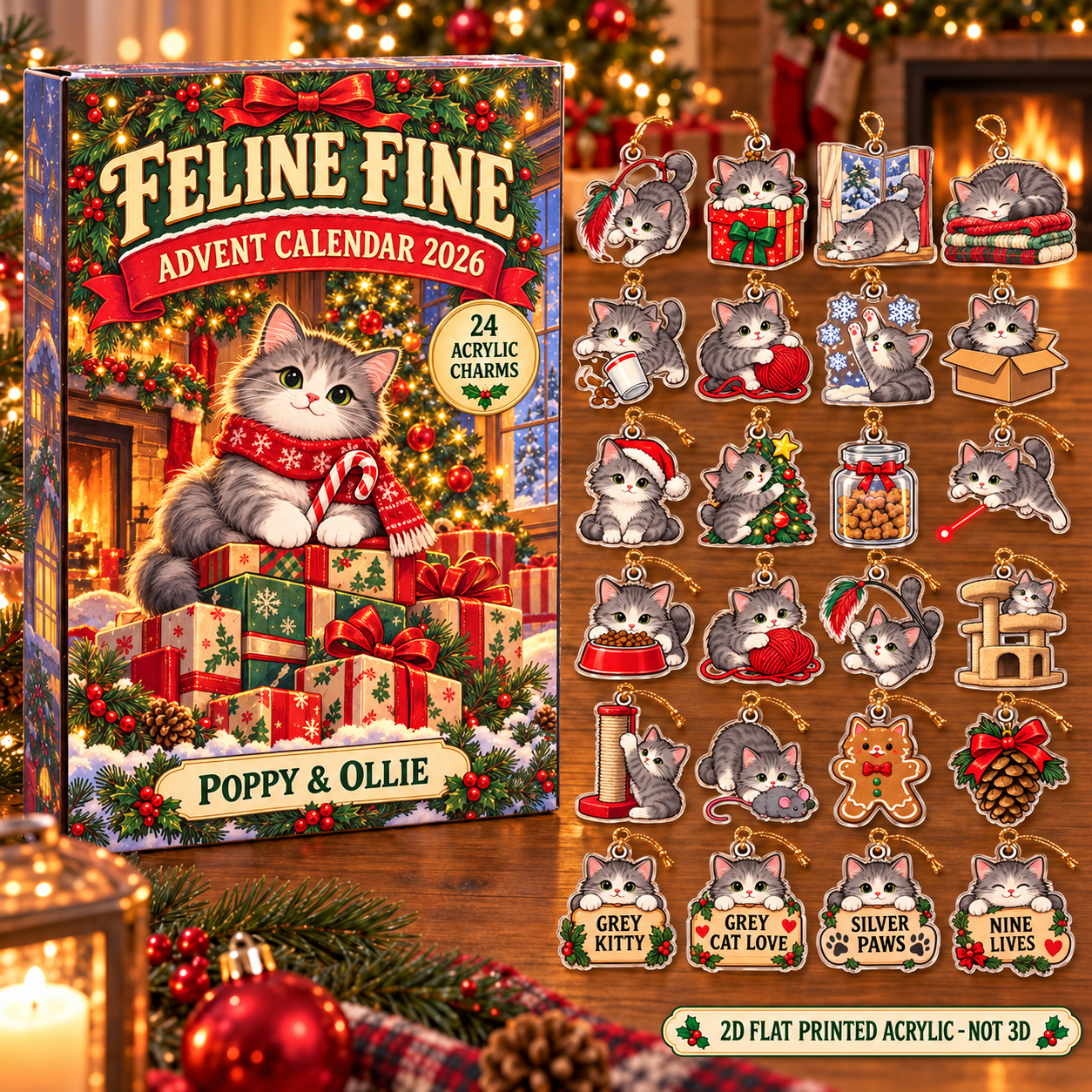 Personalized Grey Cat Lover advent calendar box with 24 flat acrylic Christmas charms