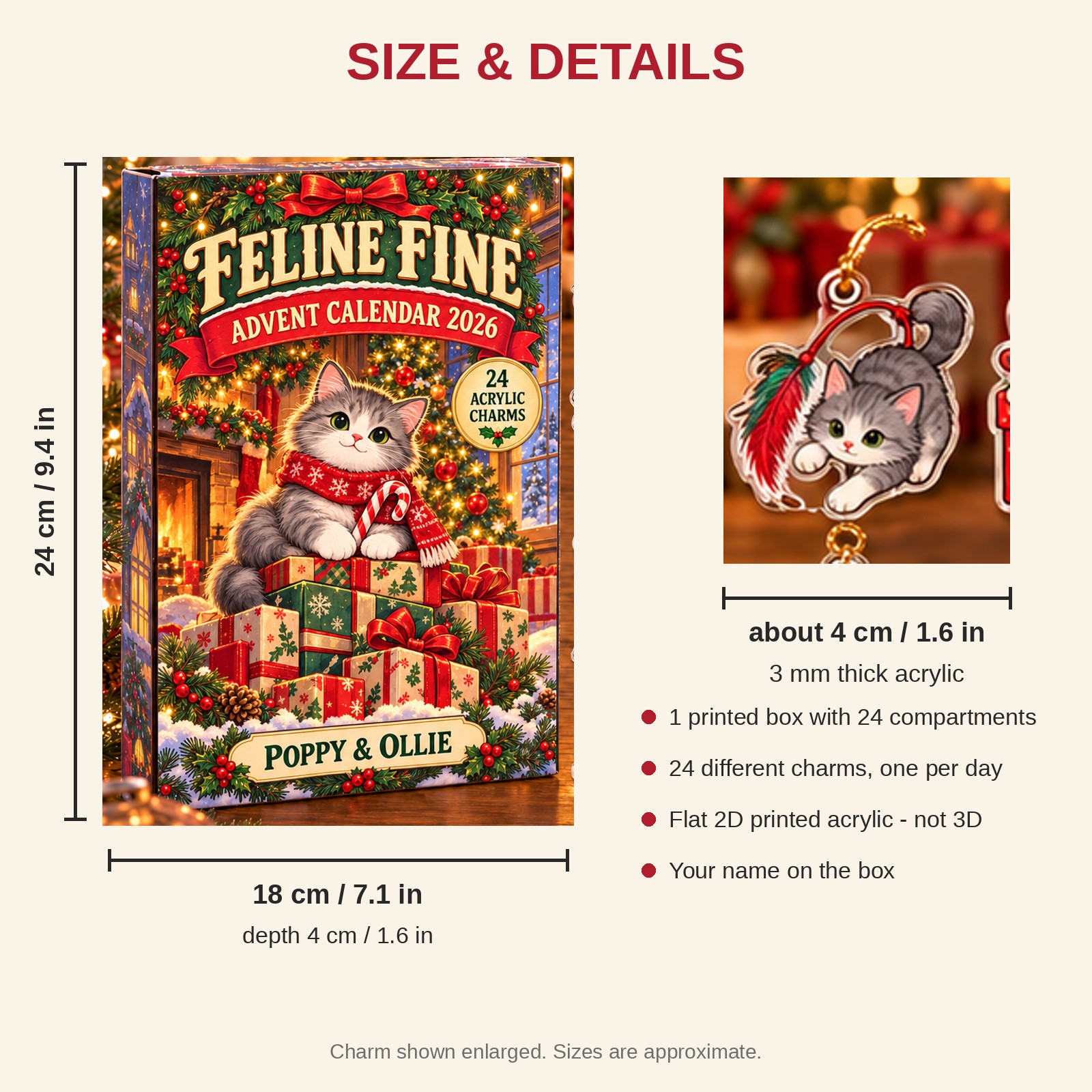 Personalized Grey Cat Lover advent calendar box with 24 flat acrylic Christmas charms: box and charm sizes