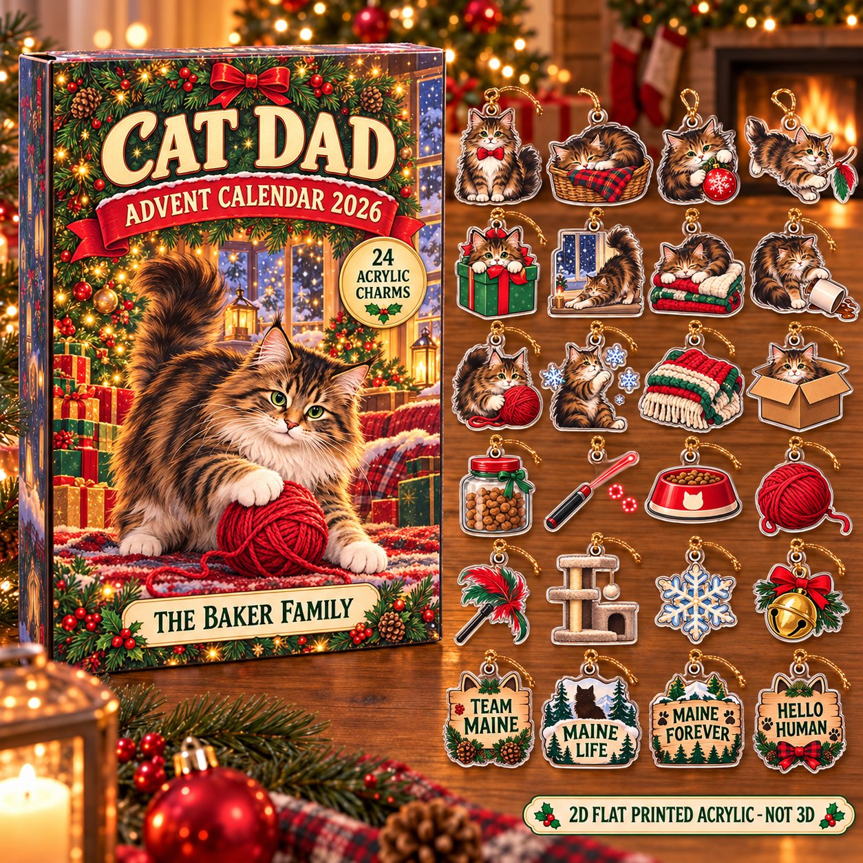 Personalized Maine Coon Cat Lover advent calendar box with 24 flat acrylic Christmas charms
