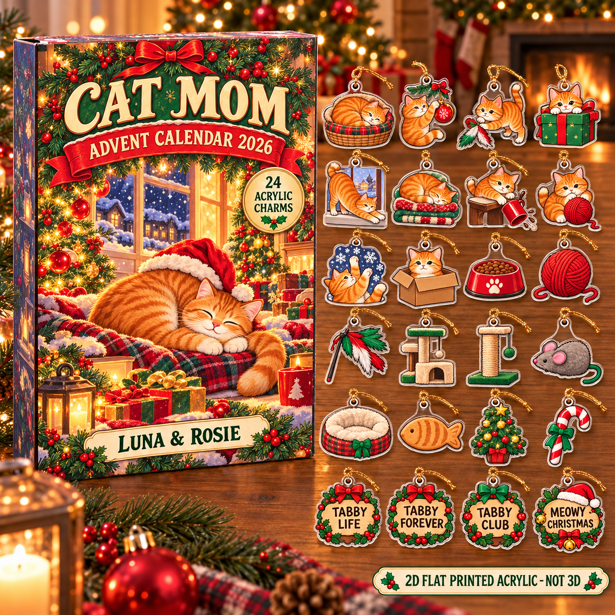 Personalized Orange Tabby Cat Lover advent calendar box with 24 flat acrylic Christmas charms