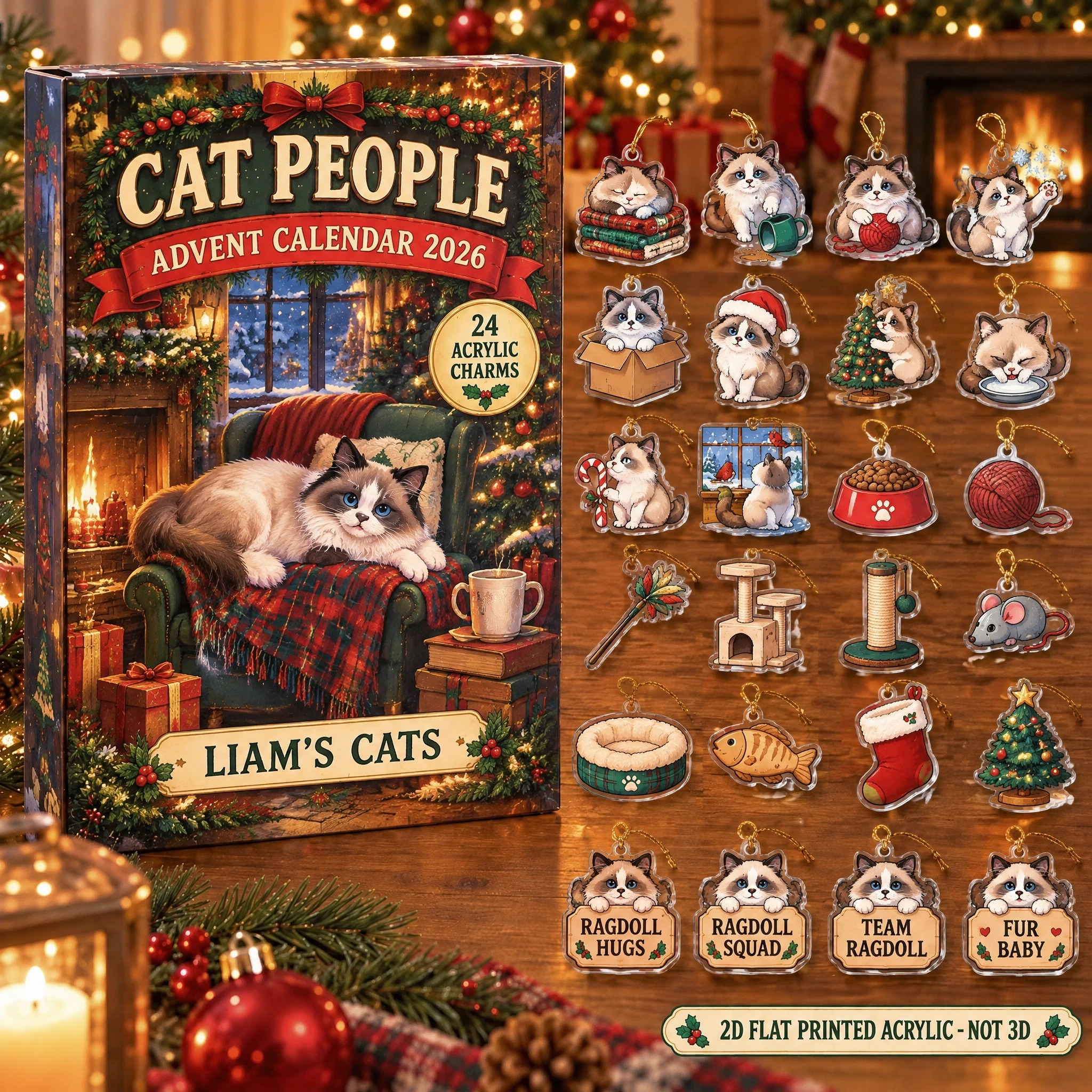 Personalized Ragdoll Cat Lover advent calendar box with 24 flat acrylic Christmas charms