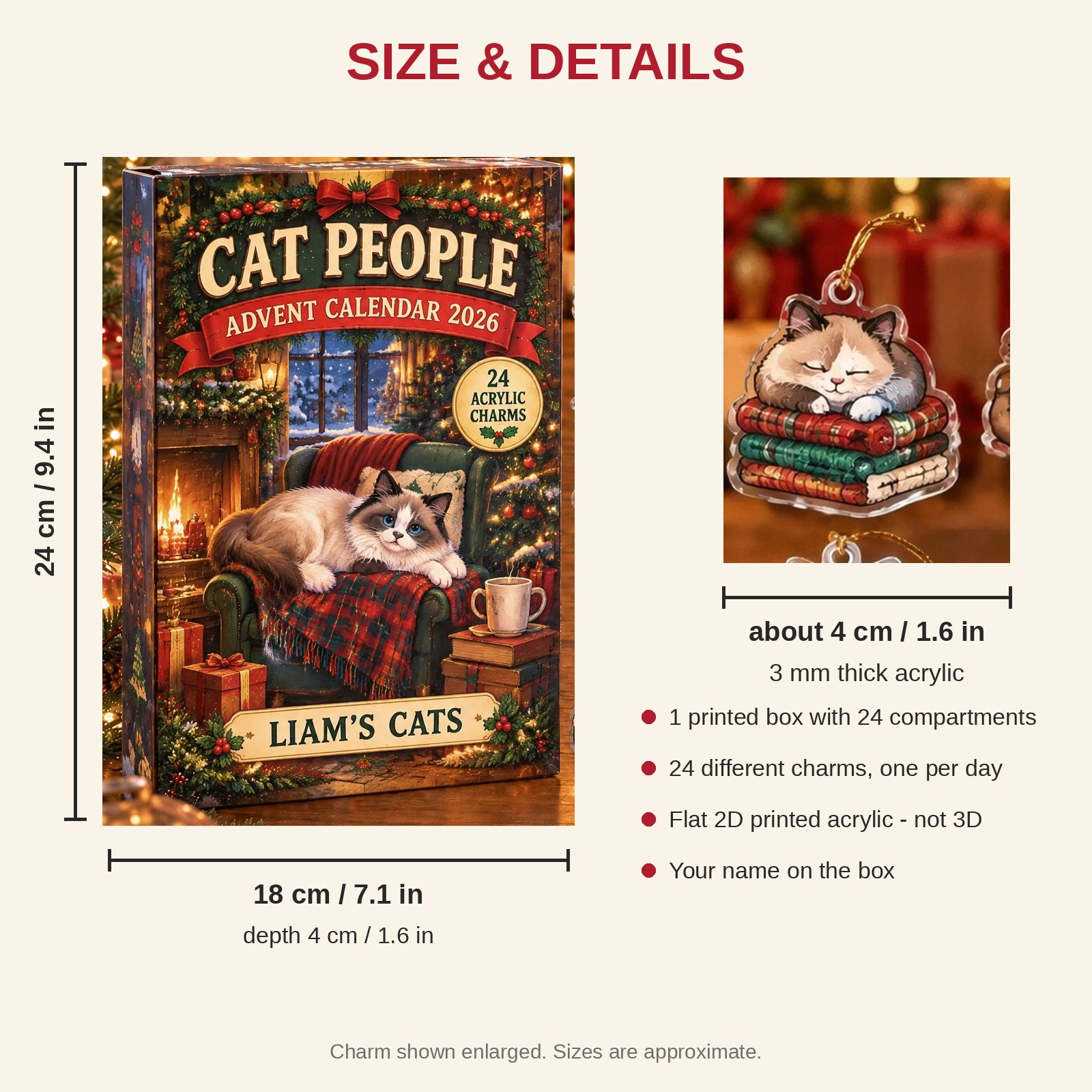 Personalized Ragdoll Cat Lover advent calendar box with 24 flat acrylic Christmas charms: box and charm sizes