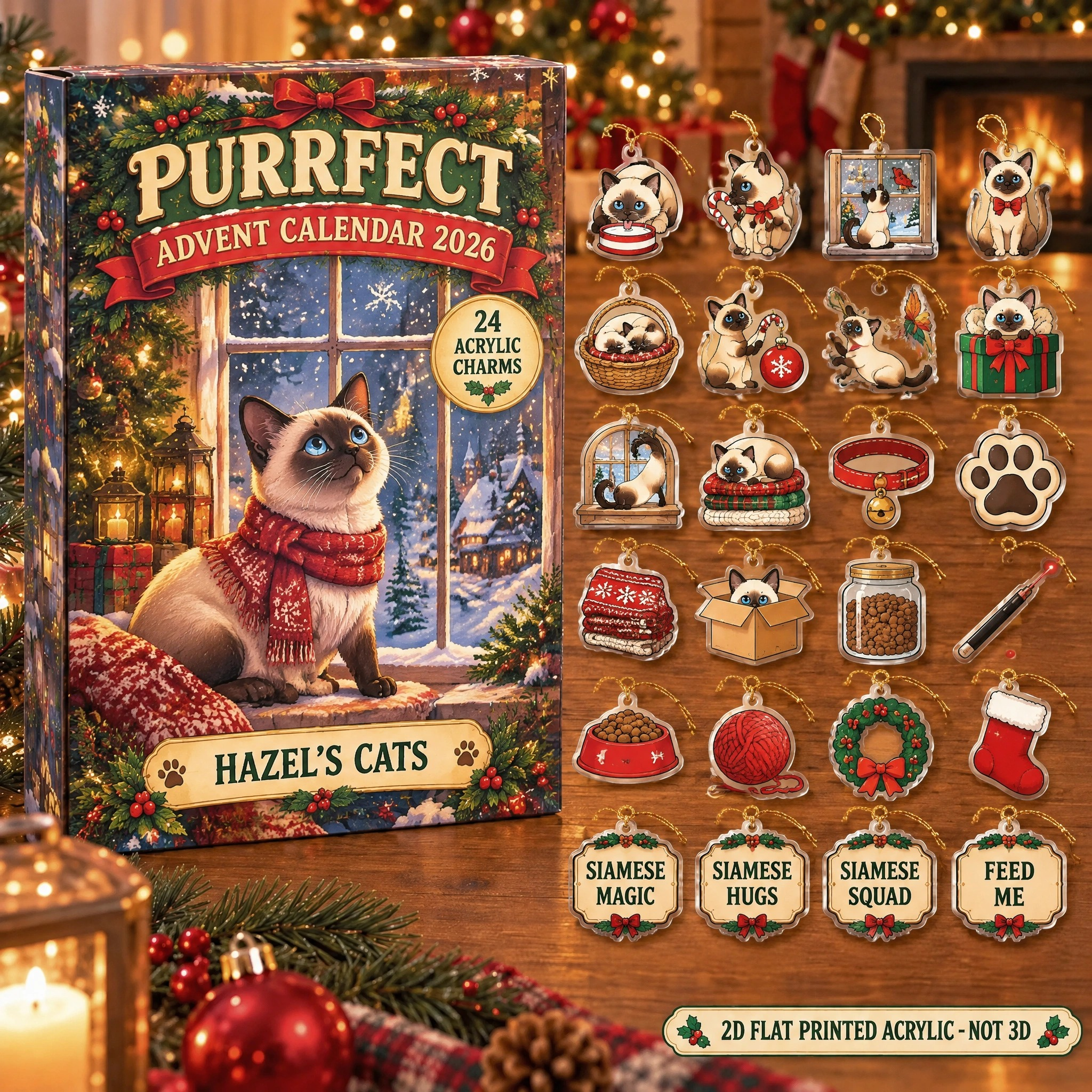 Personalized Siamese Cat Lover advent calendar box with 24 flat acrylic Christmas charms