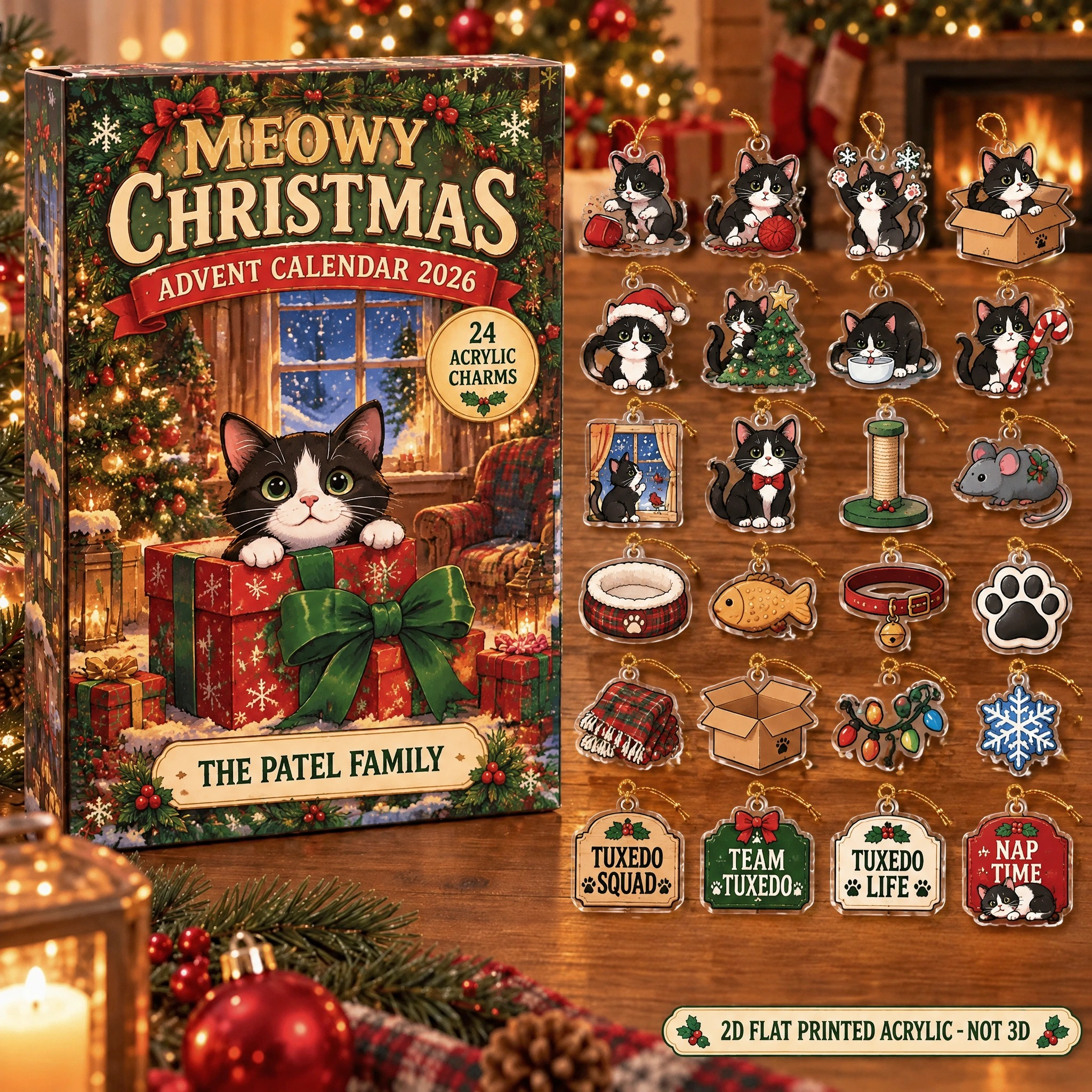Personalized Tuxedo Cat Lover advent calendar box with 24 flat acrylic Christmas charms