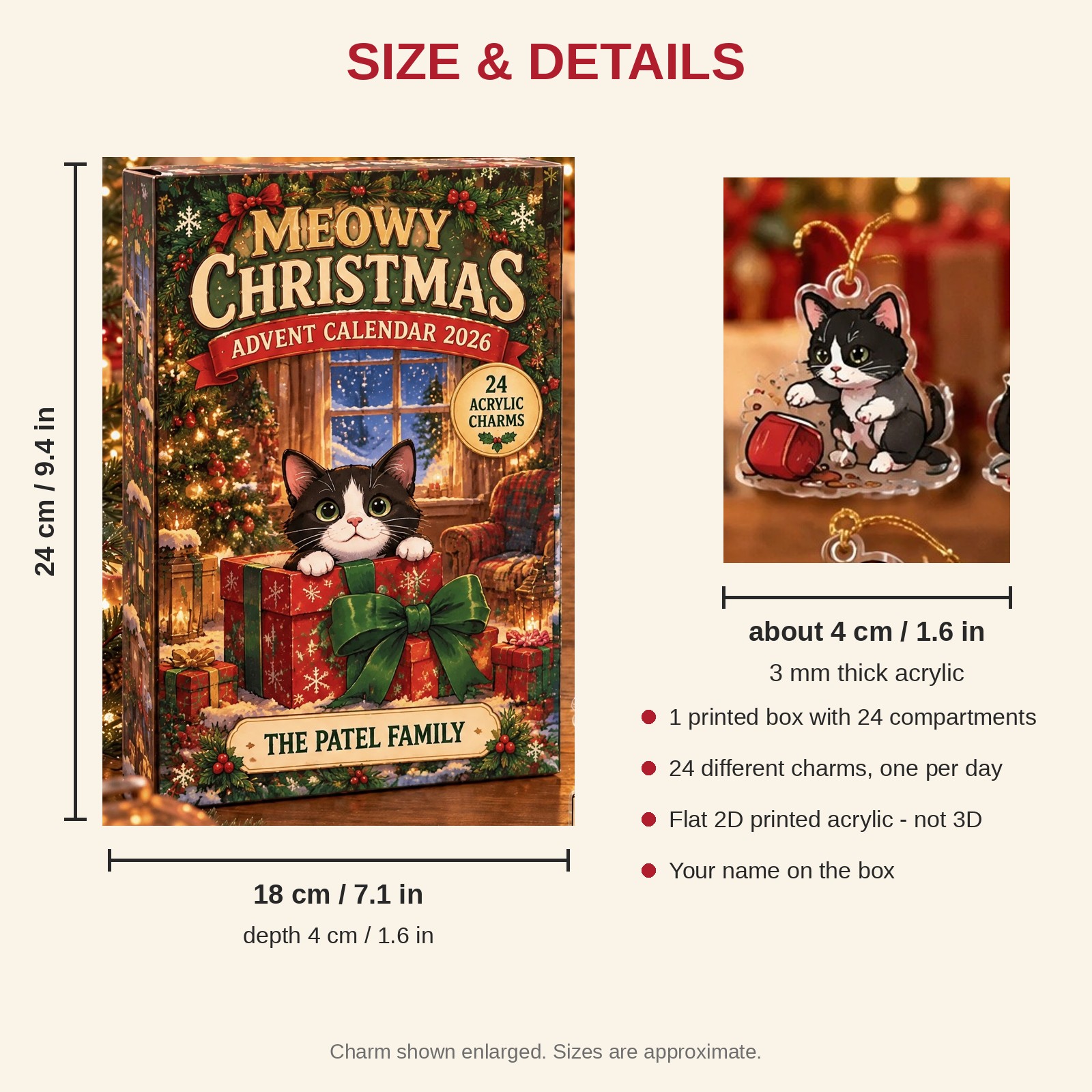Personalized Tuxedo Cat Lover advent calendar box with 24 flat acrylic Christmas charms: box and charm sizes