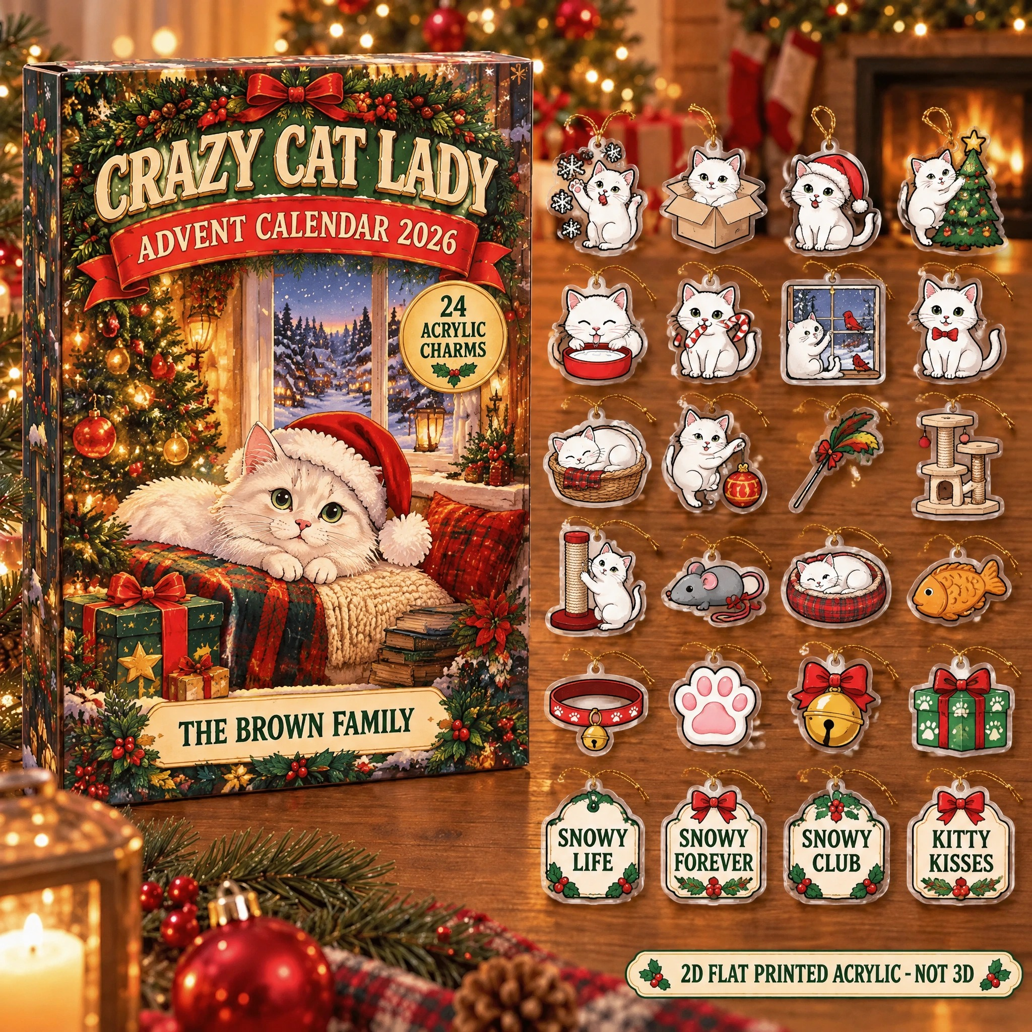 Personalized White Cat Lover advent calendar box with 24 flat acrylic Christmas charms