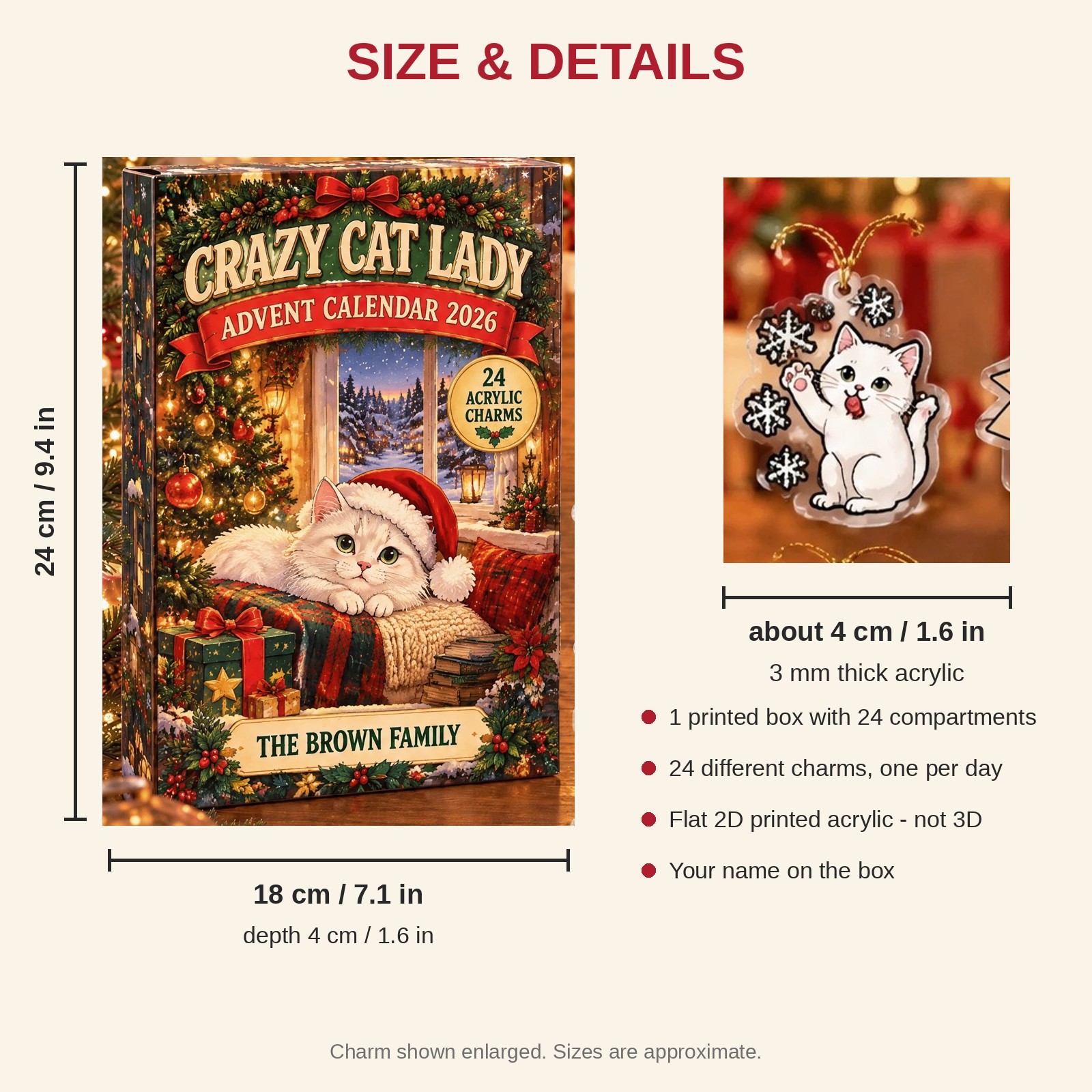 Personalized White Cat Lover advent calendar box with 24 flat acrylic Christmas charms: box and charm sizes