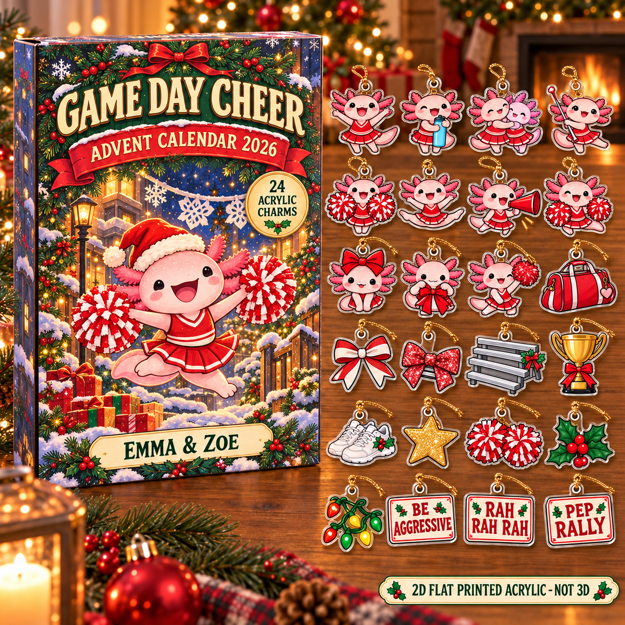 Personalized Cheer Axolotl advent calendar box with 24 flat acrylic Christmas charms