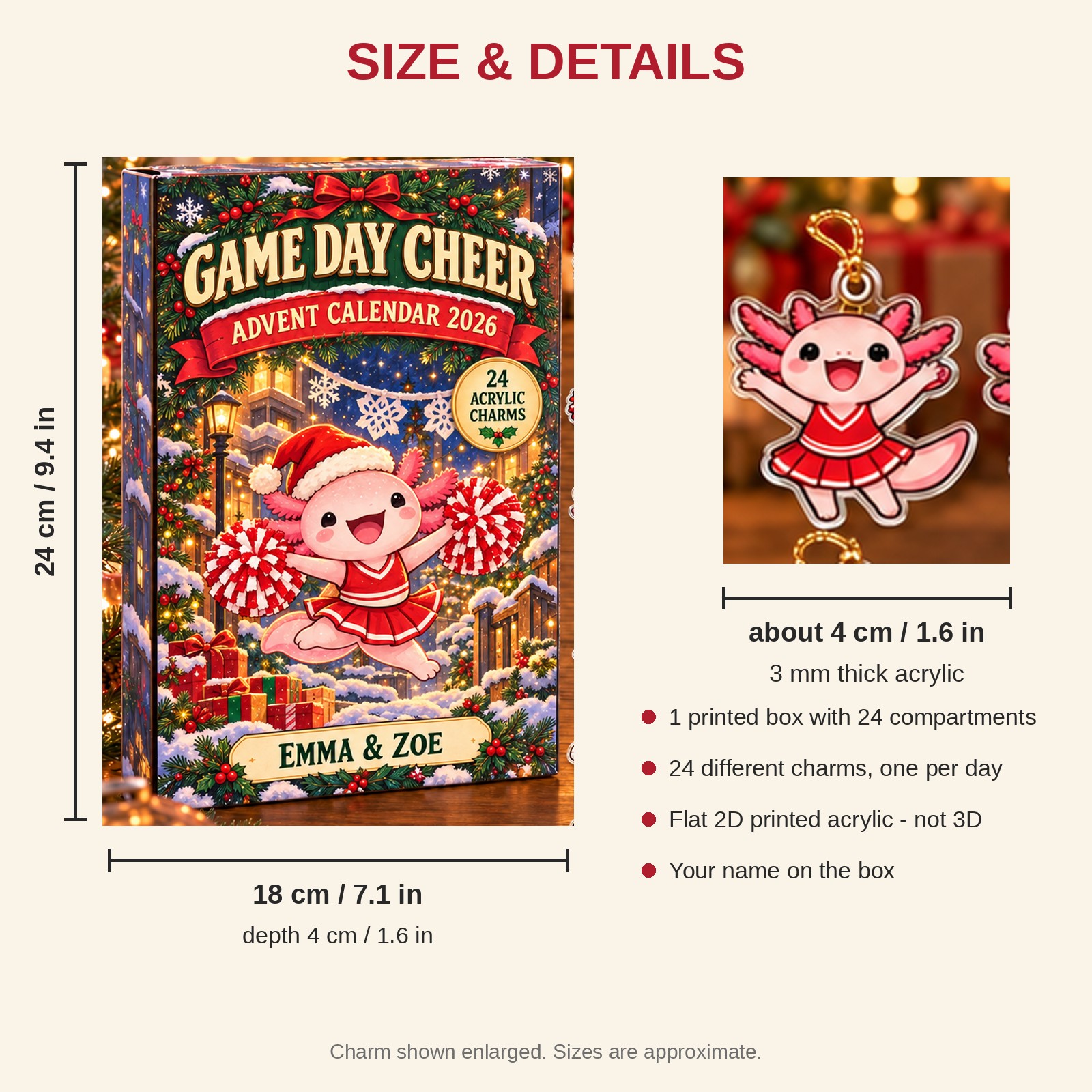 Personalized Cheer Axolotl advent calendar box with 24 flat acrylic Christmas charms: box and charm sizes