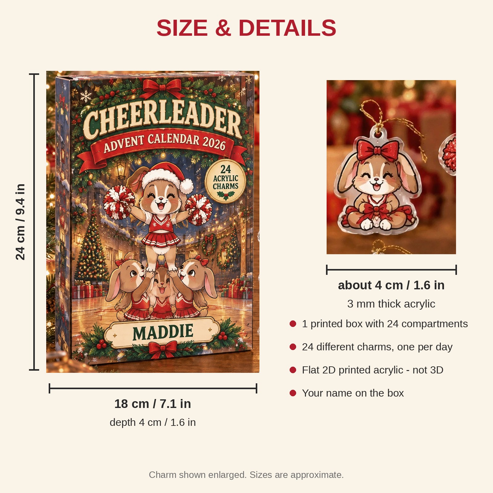 Personalized Cheer Bunny advent calendar box with 24 flat acrylic Christmas charms: box and charm sizes