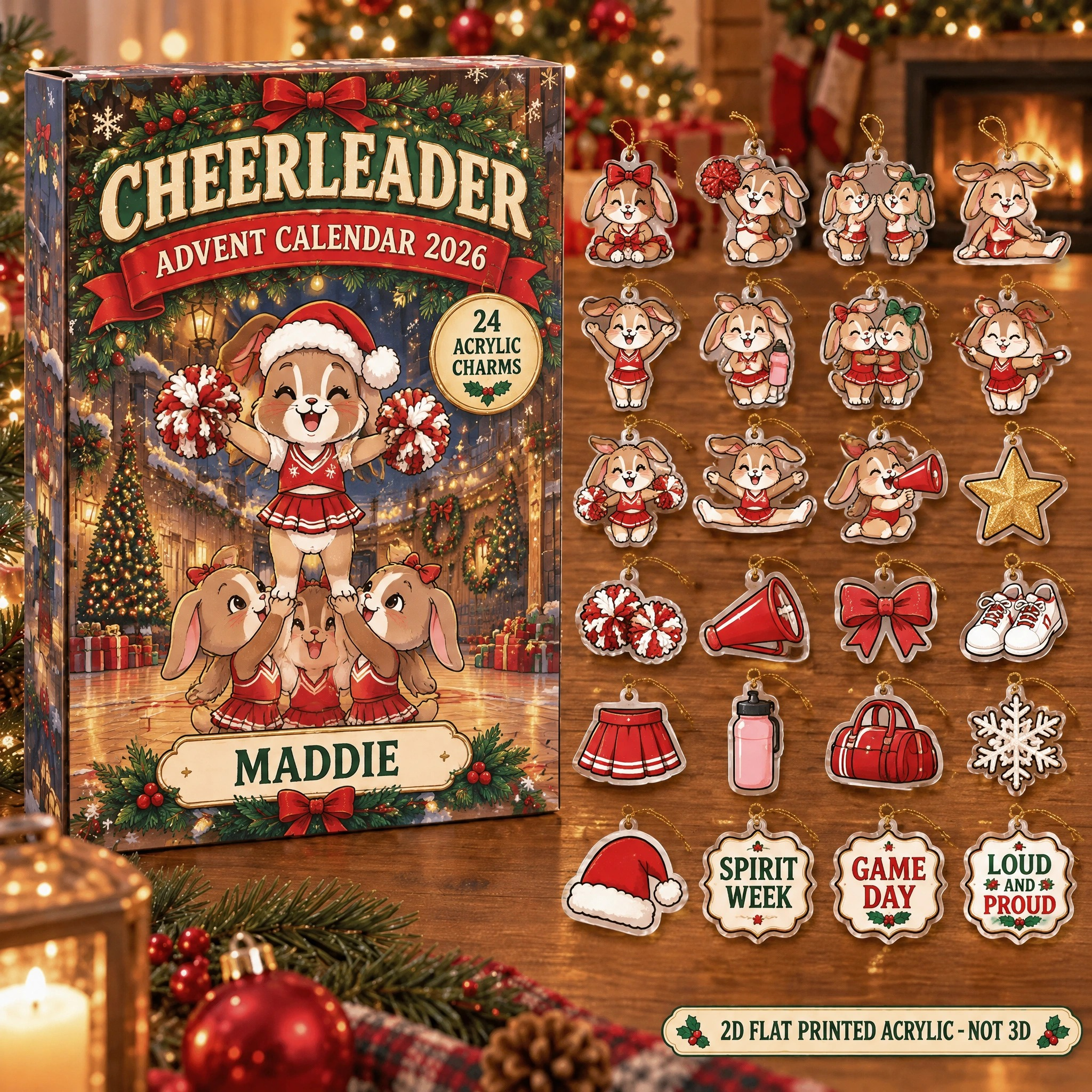 Personalized Cheer Bunny advent calendar box with 24 flat acrylic Christmas charms