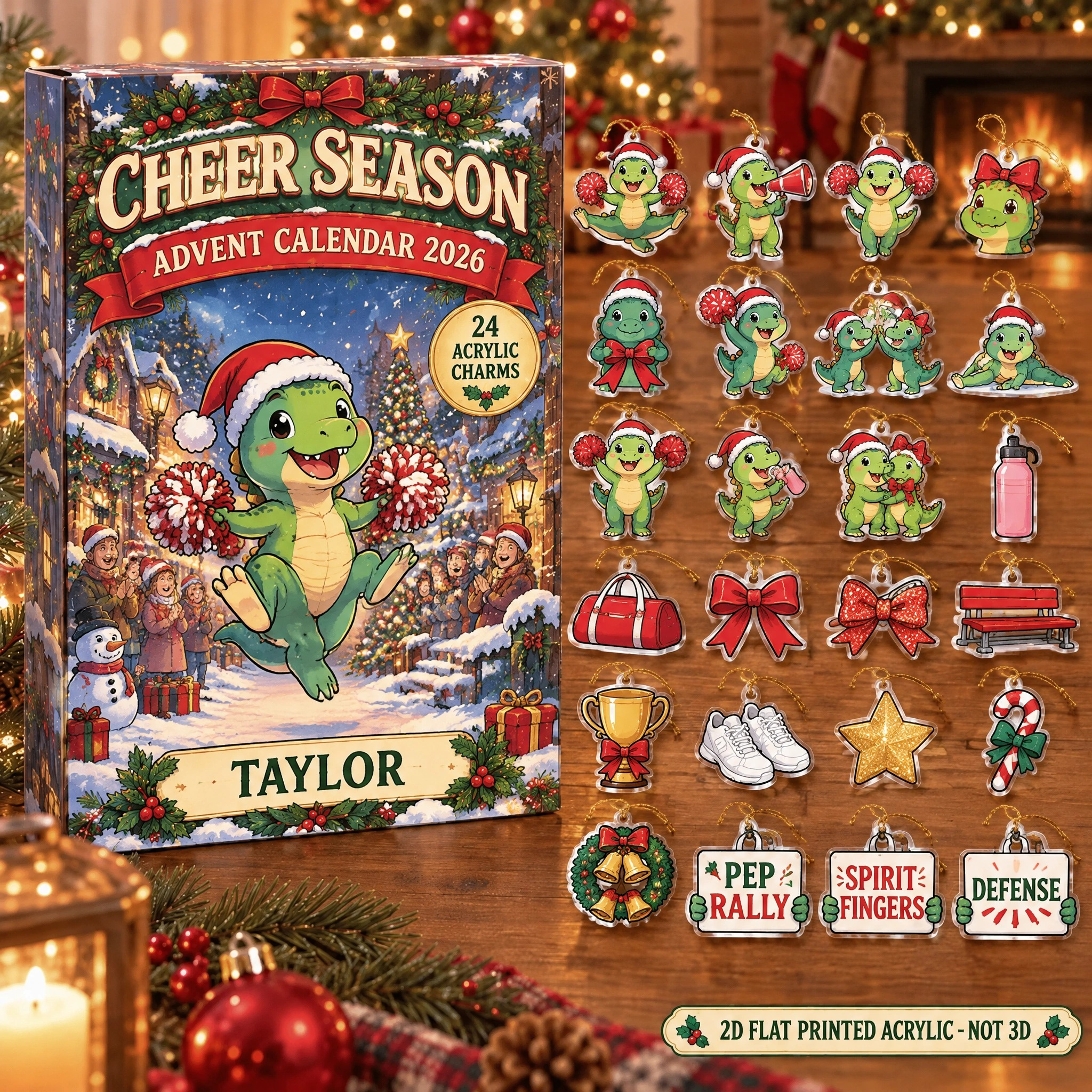 Personalized Cheer Dinosaur advent calendar box with 24 flat acrylic Christmas charms