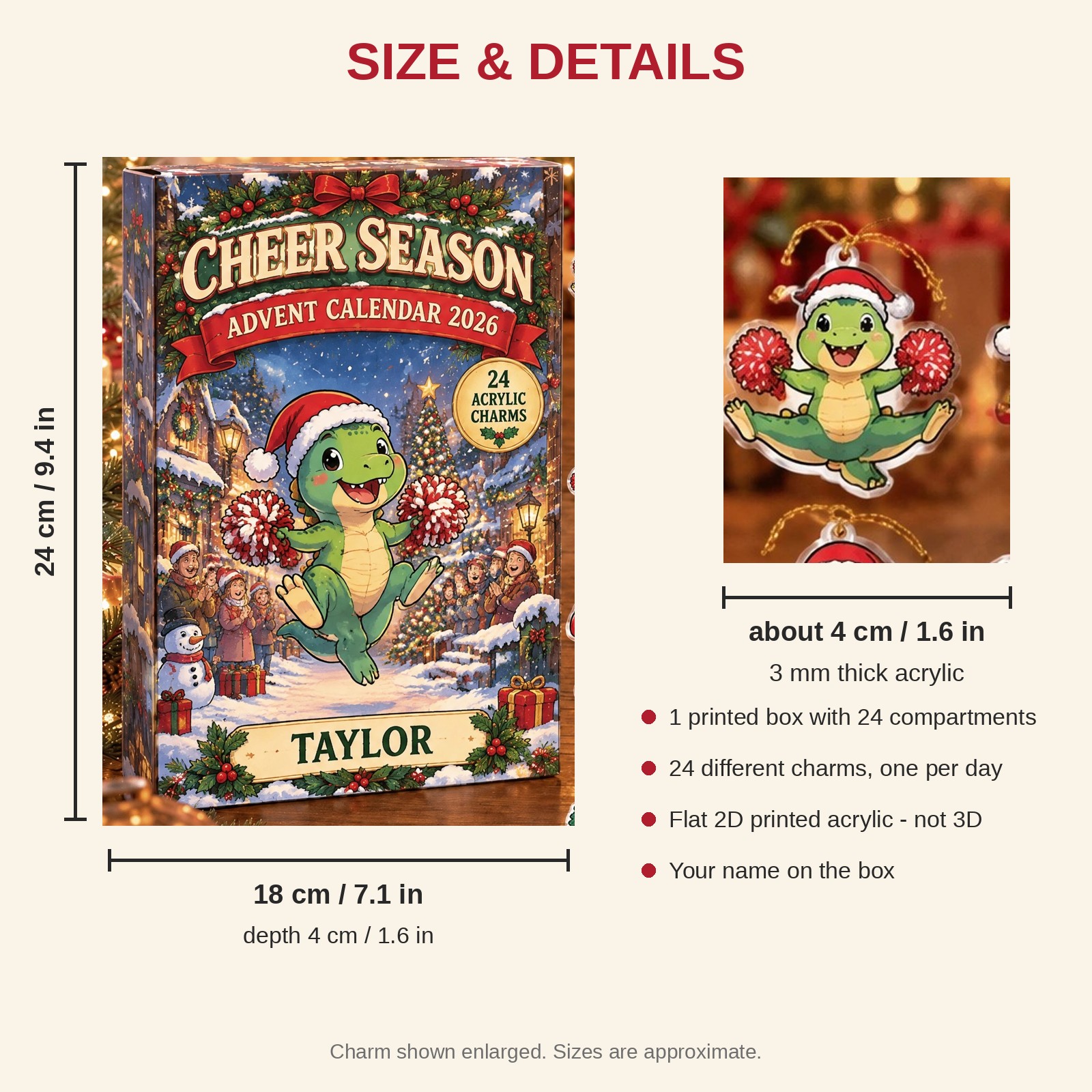 Personalized Cheer Dinosaur advent calendar box with 24 flat acrylic Christmas charms: box and charm sizes