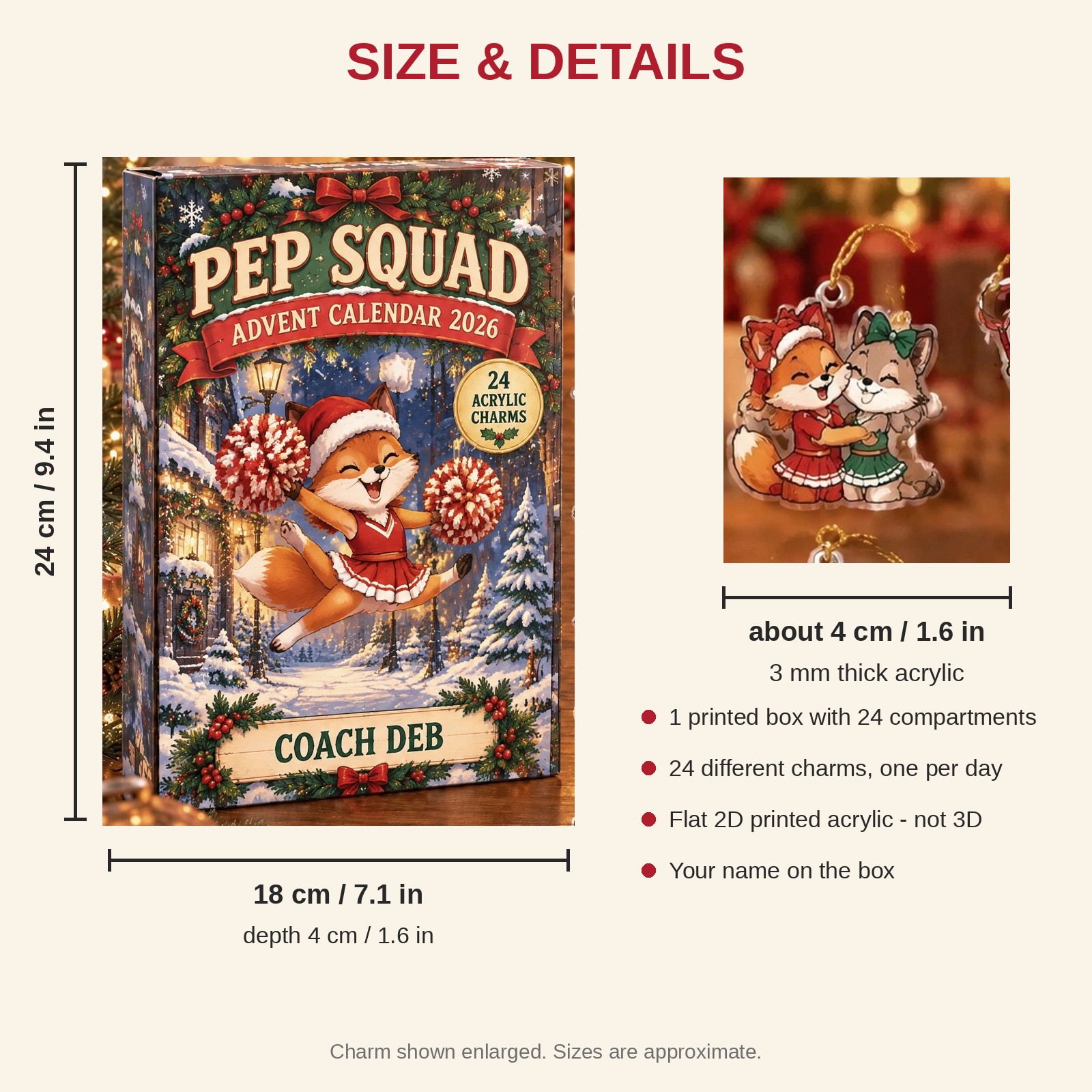 Personalized Cheer Fox advent calendar box with 24 flat acrylic Christmas charms: box and charm sizes
