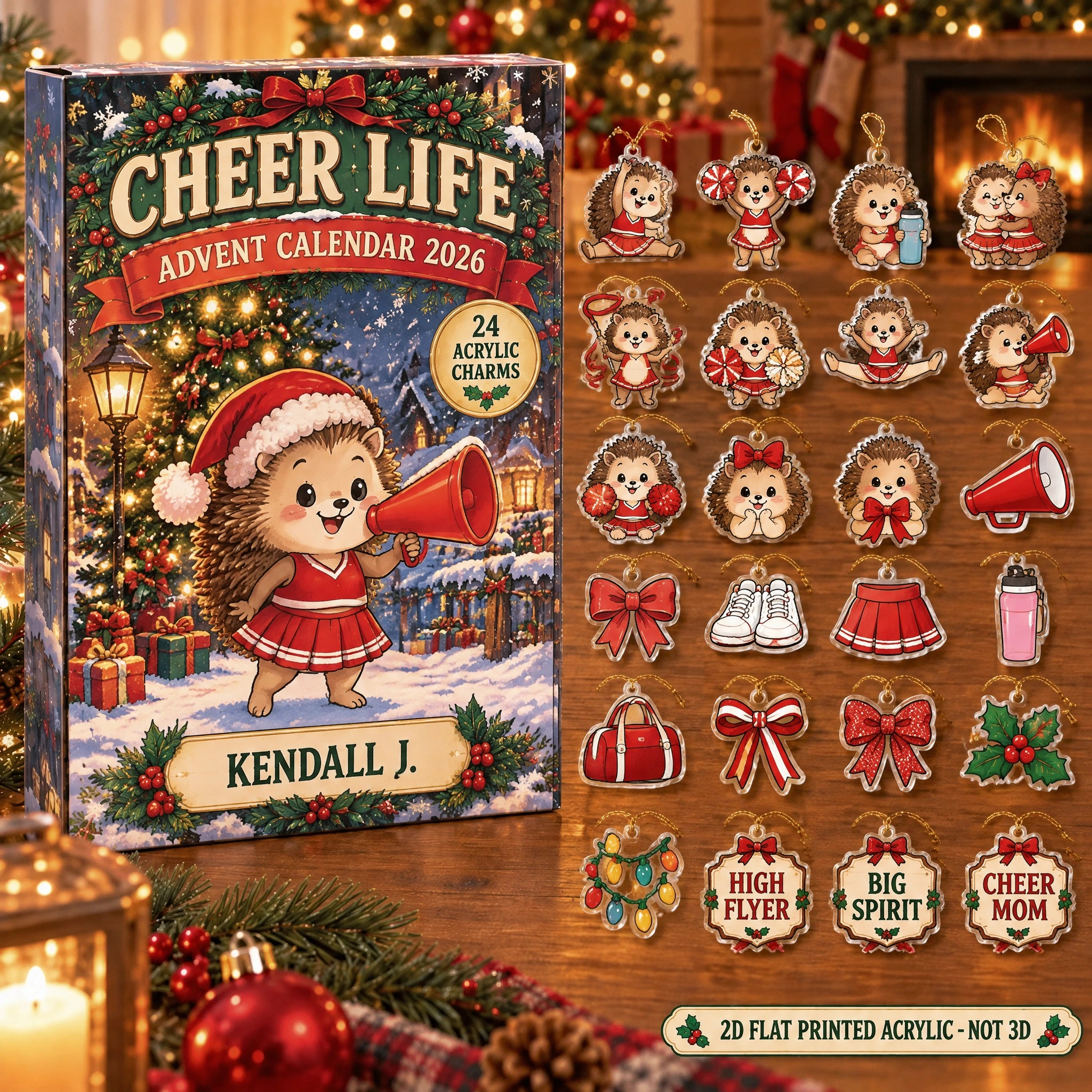 Personalized Cheer Hedgehog advent calendar box with 24 flat acrylic Christmas charms