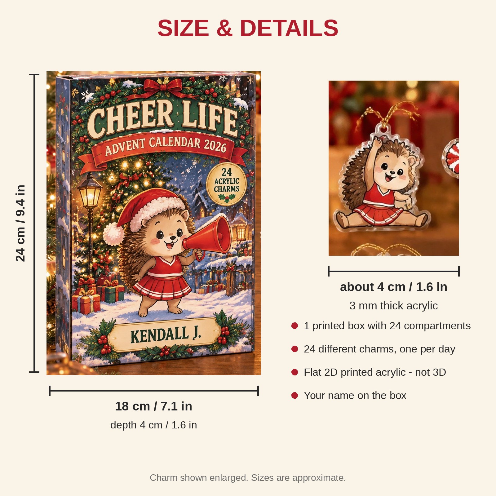 Personalized Cheer Hedgehog advent calendar box with 24 flat acrylic Christmas charms: box and charm sizes